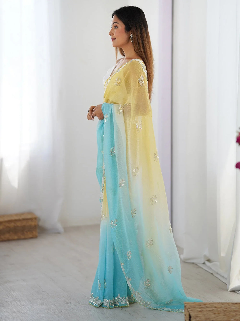 Yellow Party Wear Chiffon Embellished Saree - The Dori Store