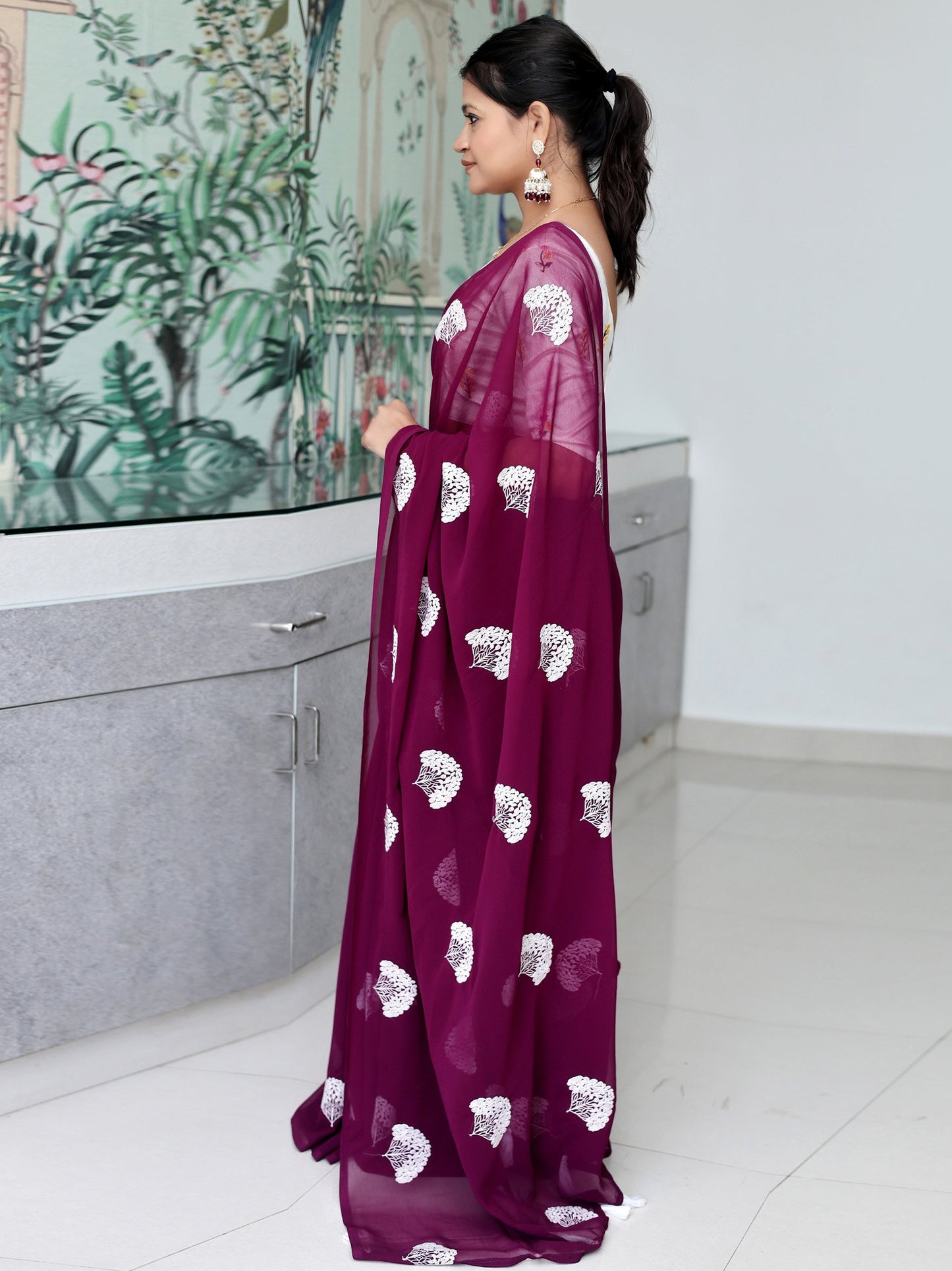 Burgundy Party Wear Georgette Embroidered Saree