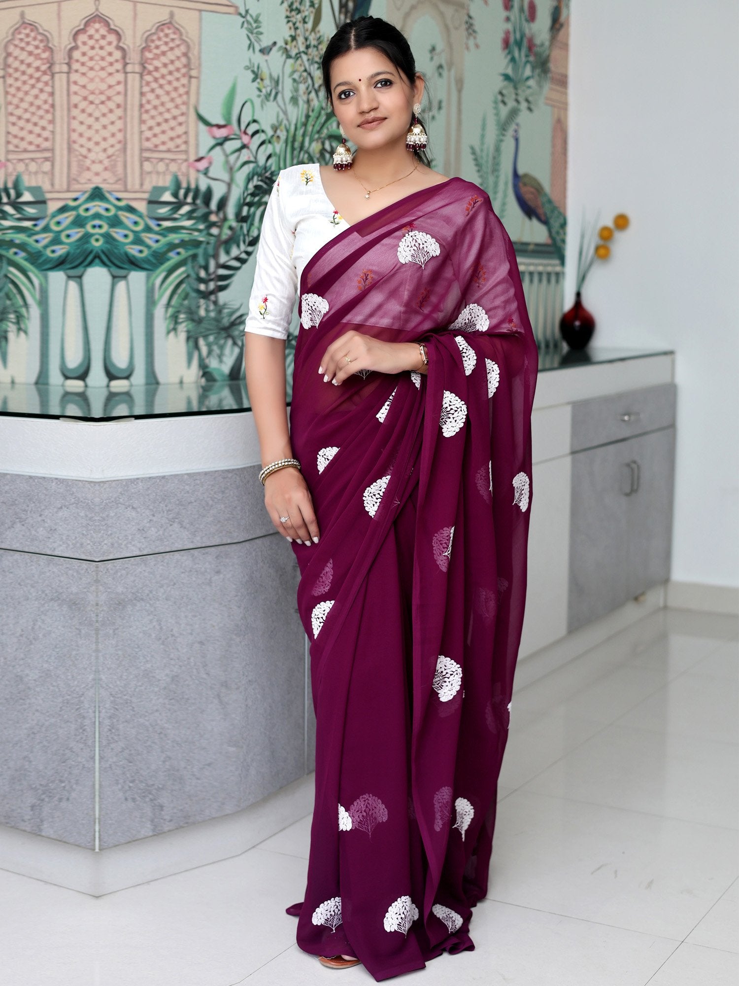 Purple Burgundy Party Wear Georgette Embroidered Saree