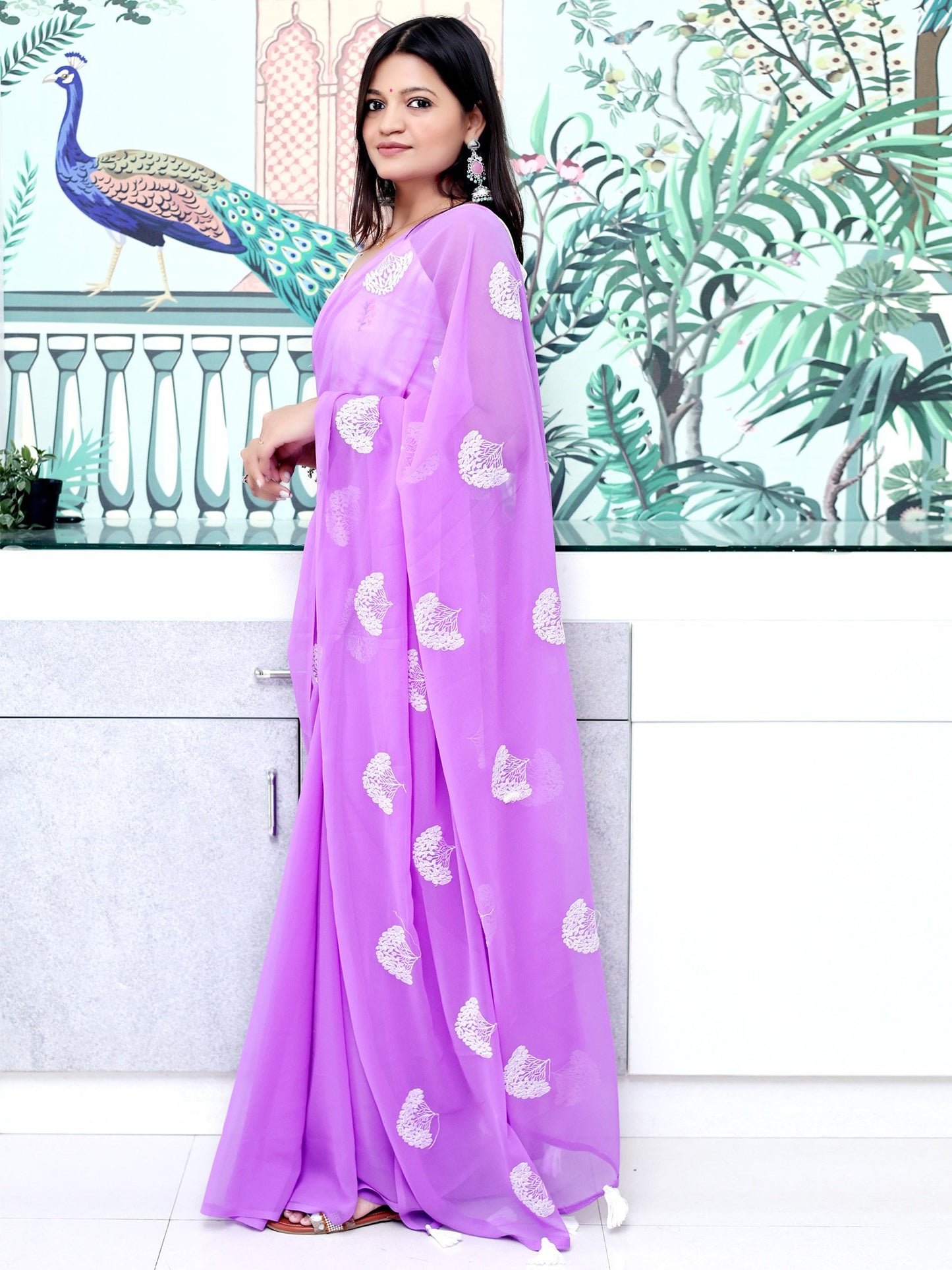 Lavendar Party Wear Georgette Embroidered Saree
