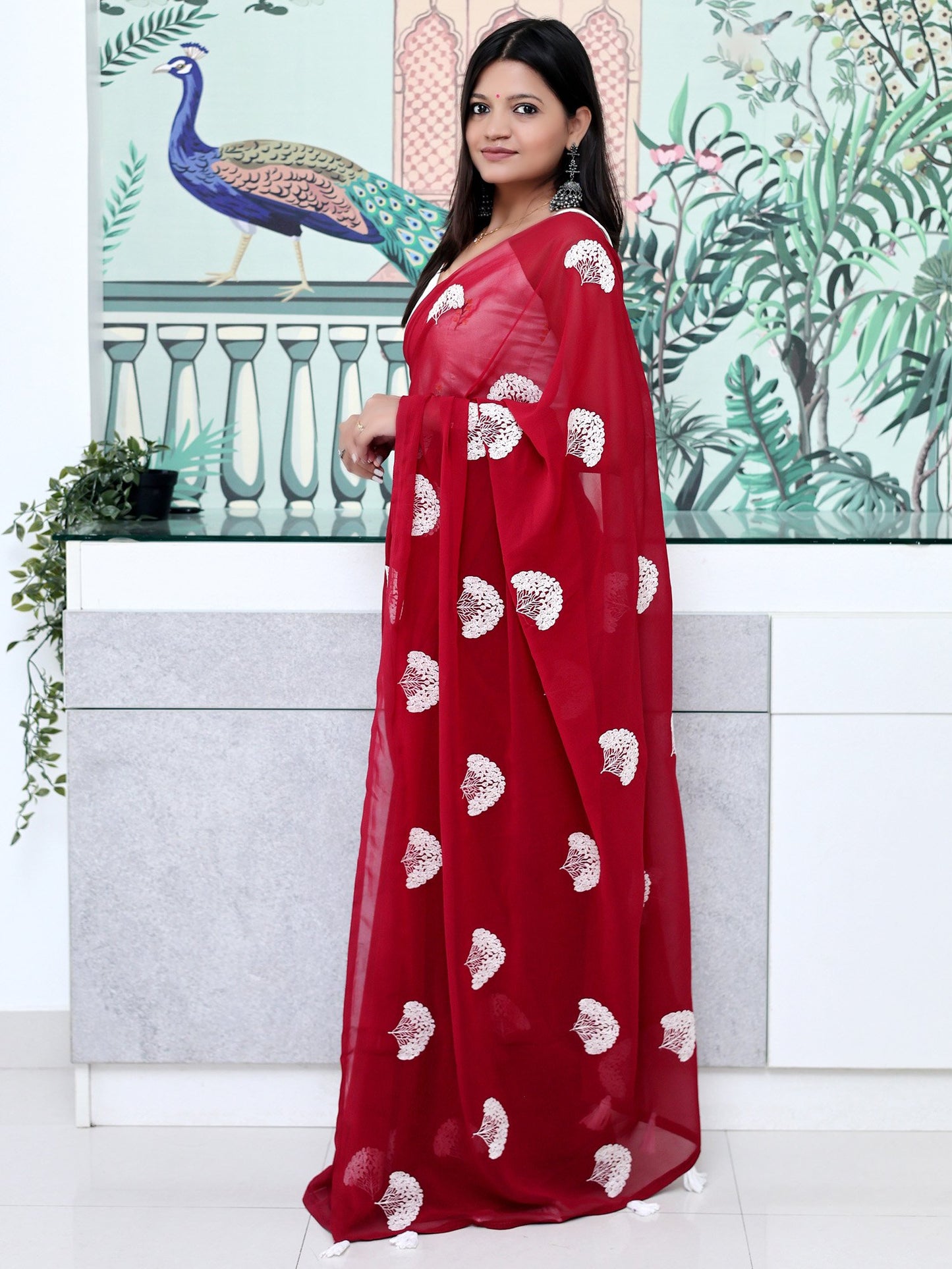 Red Party Wear Georgette Embroidered Saree
