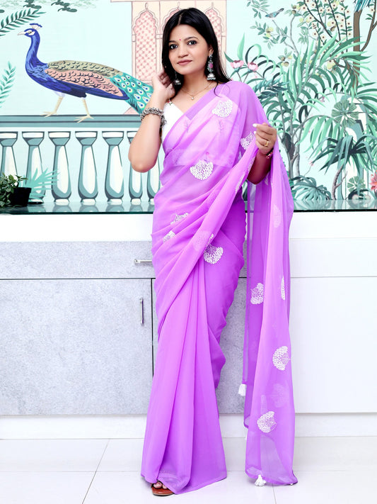 Lavender Lavendar Party Wear Georgette Embroidered Saree