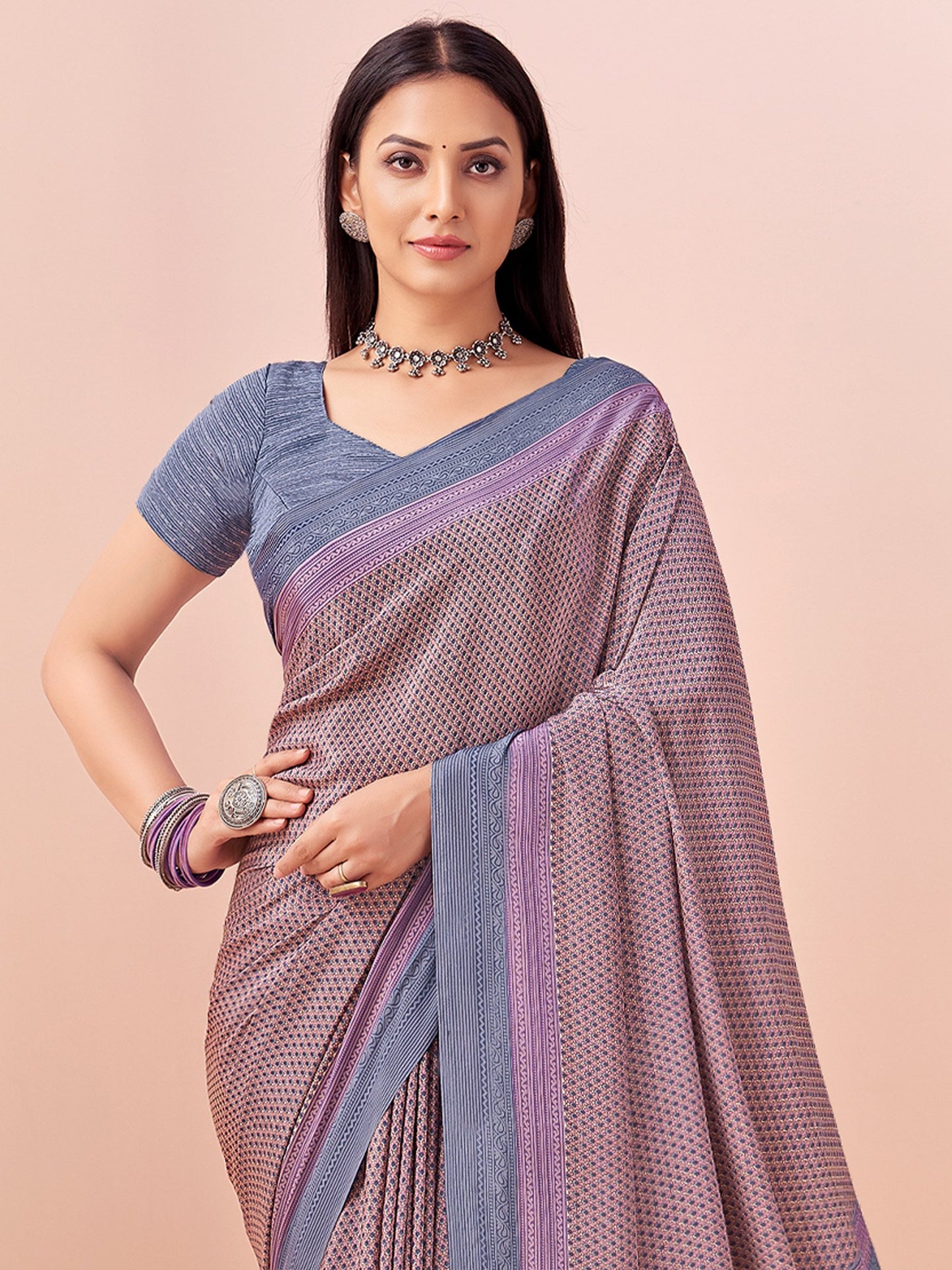 Lavendar Block Print Crepe Printed Saree