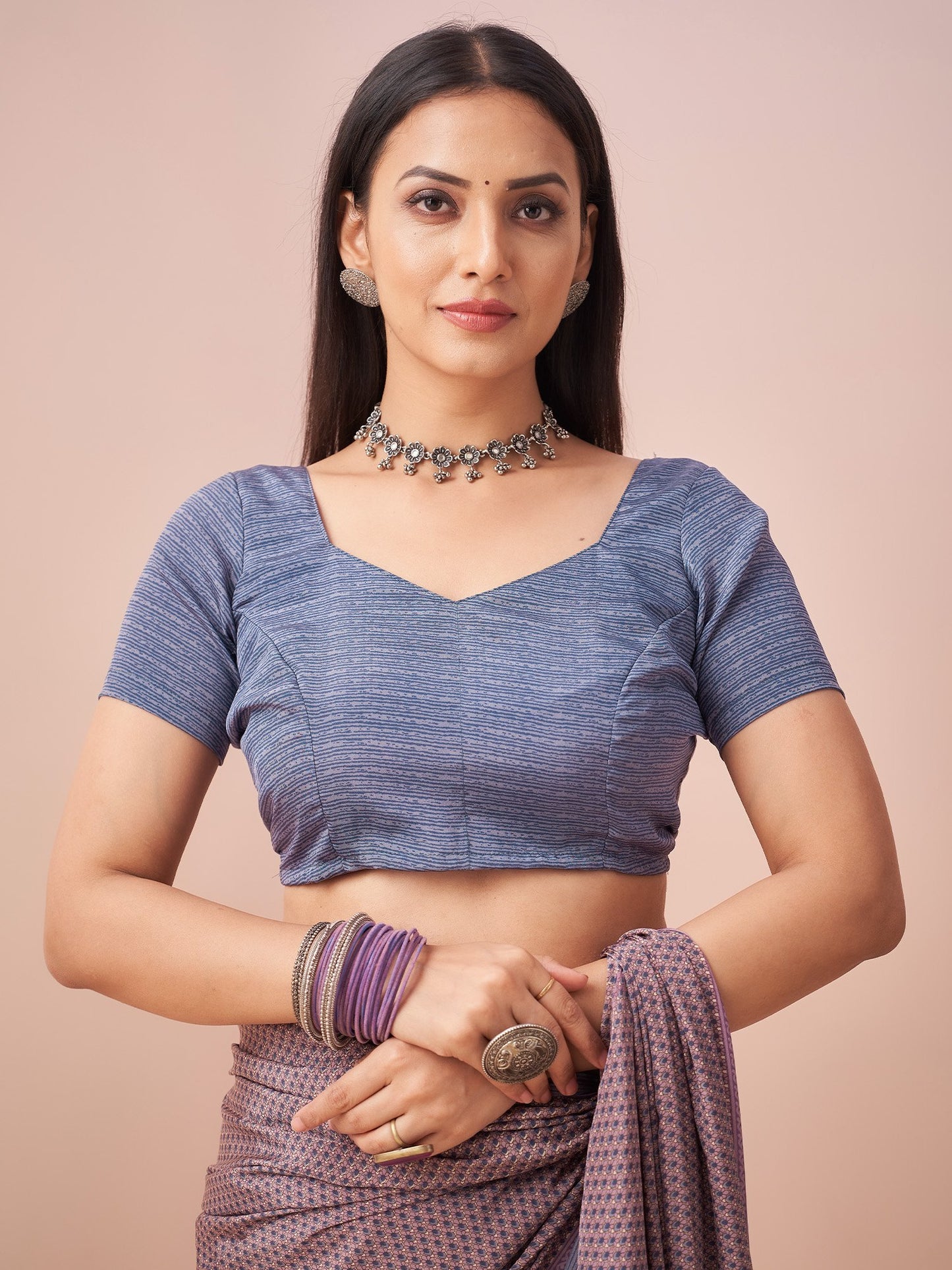 Lavendar Block Print Crepe Printed Saree