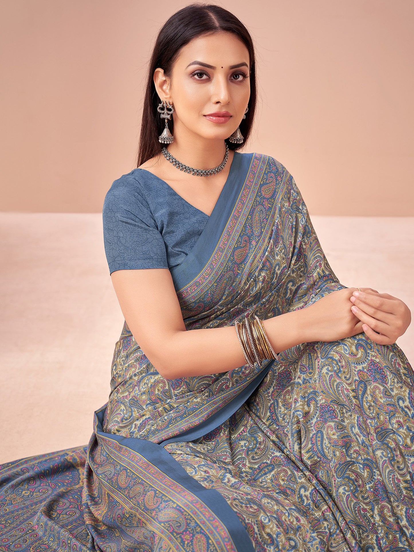 Blue Light Block Print Crepe Printed Saree