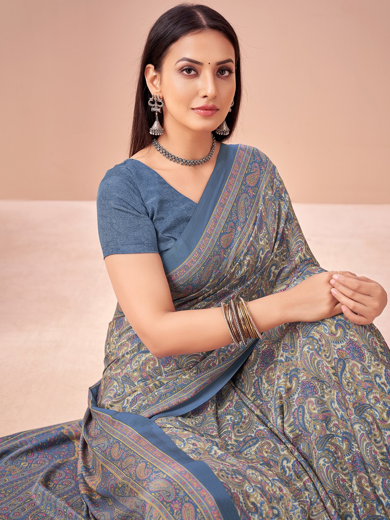 Blue Light Block Print Crepe Printed Saree