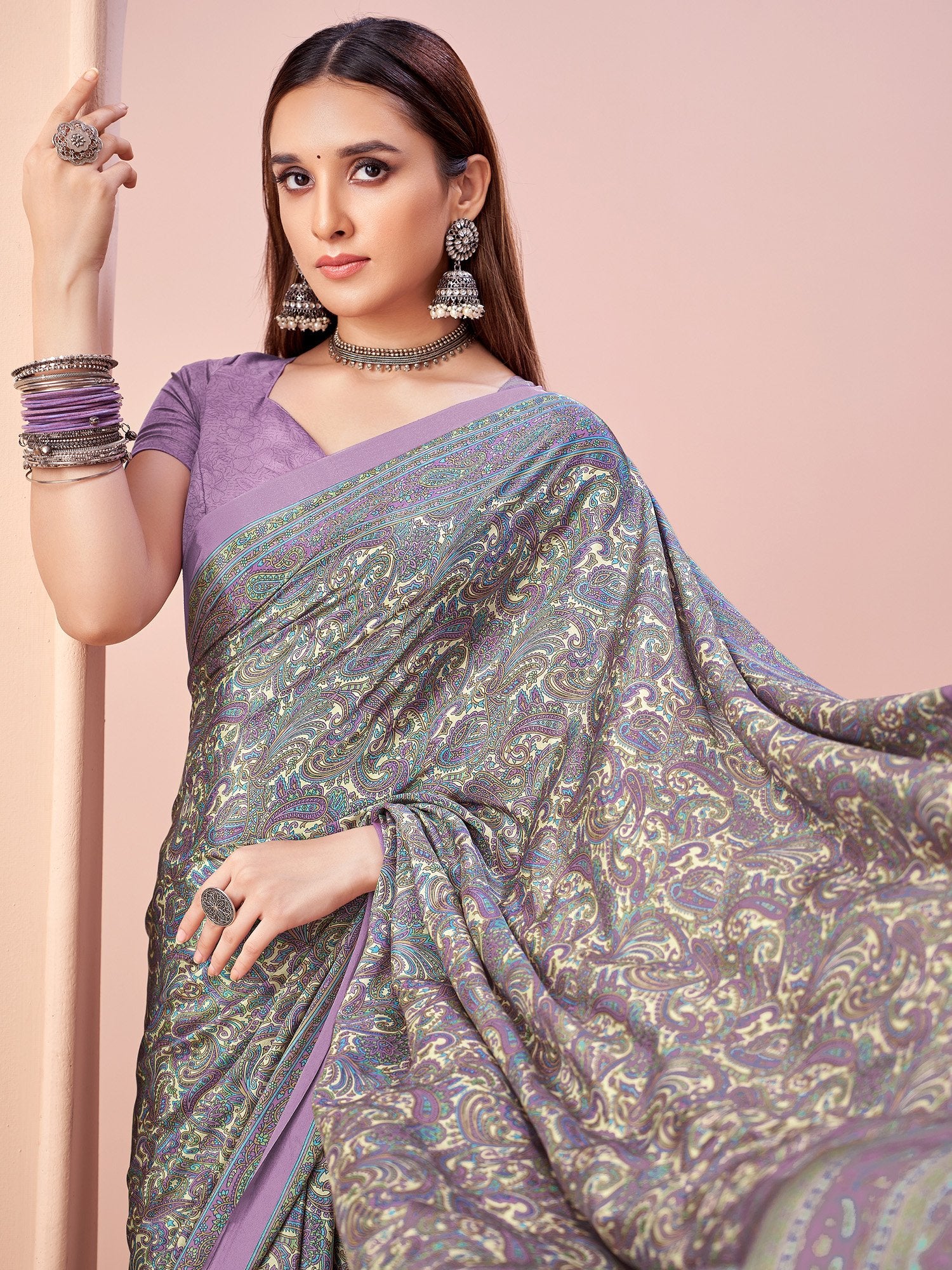Lavender Lavendar Block Print Crepe Printed Saree