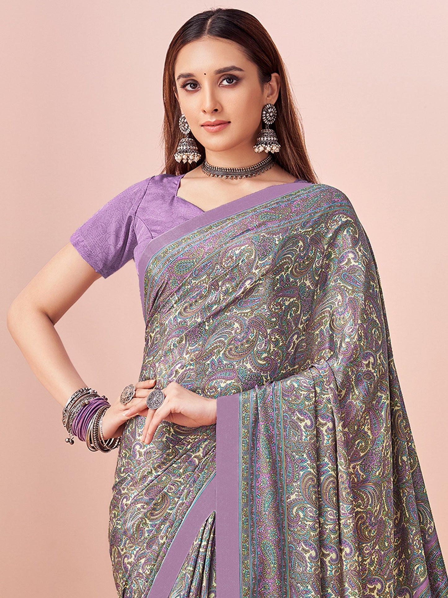 Lavendar Block Print Crepe Printed Saree