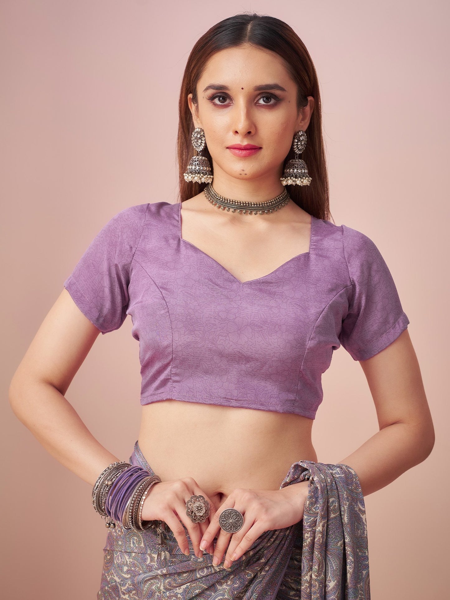 Lavendar Block Print Crepe Printed Saree