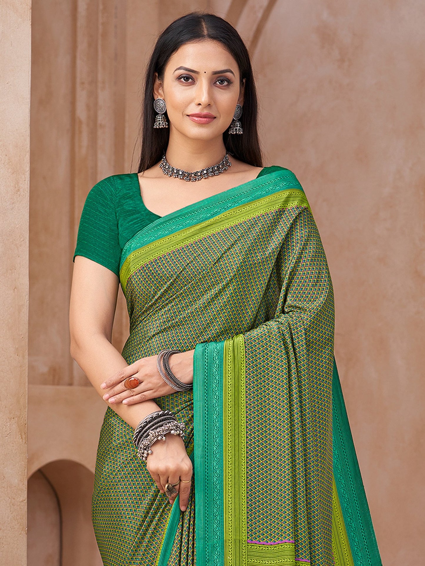 Green Block Print Crepe Printed Saree