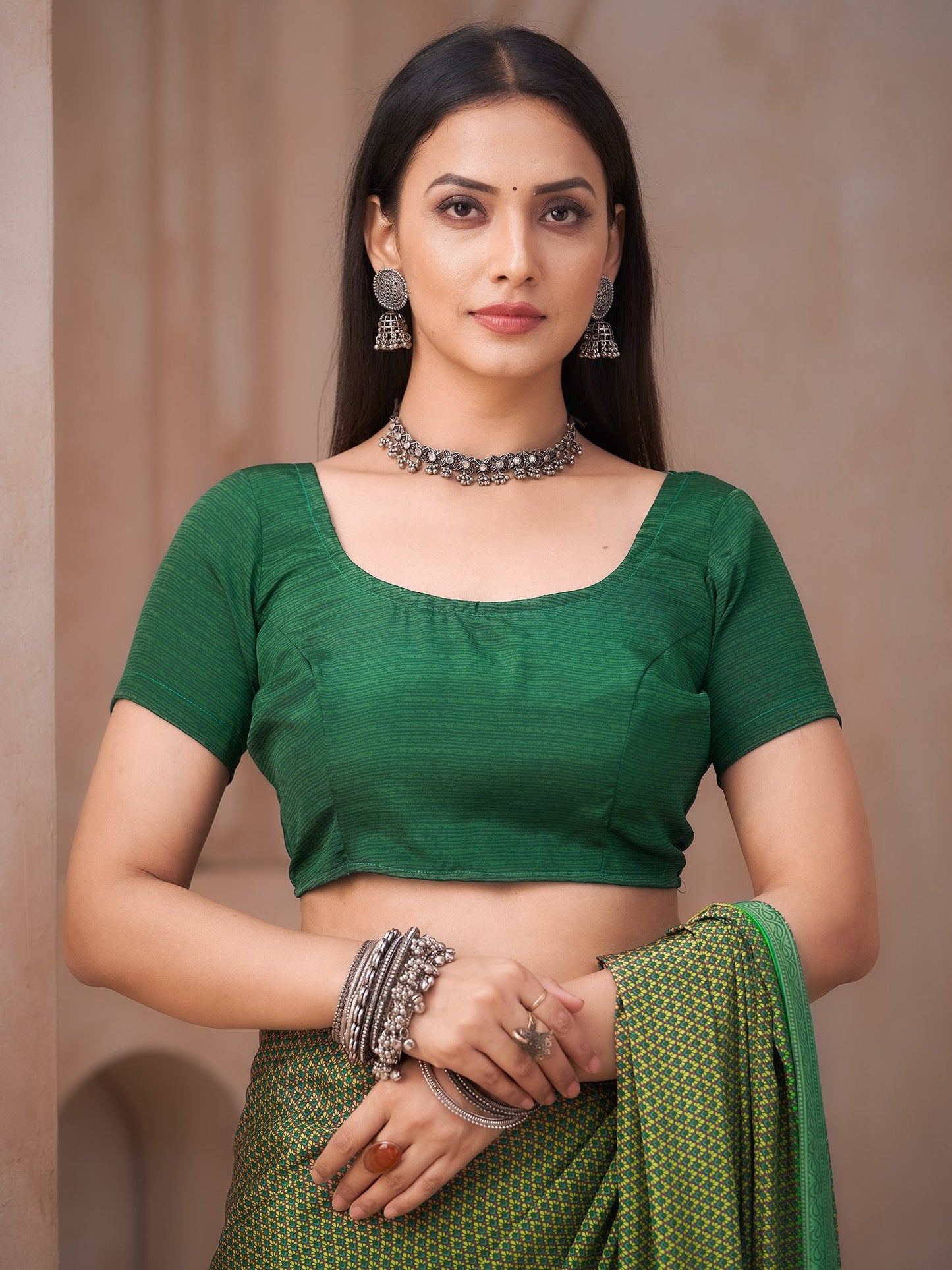 Green Block Print Crepe Printed Saree
