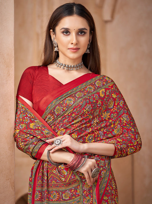 Red Red Bagru Crepe Printed Saree