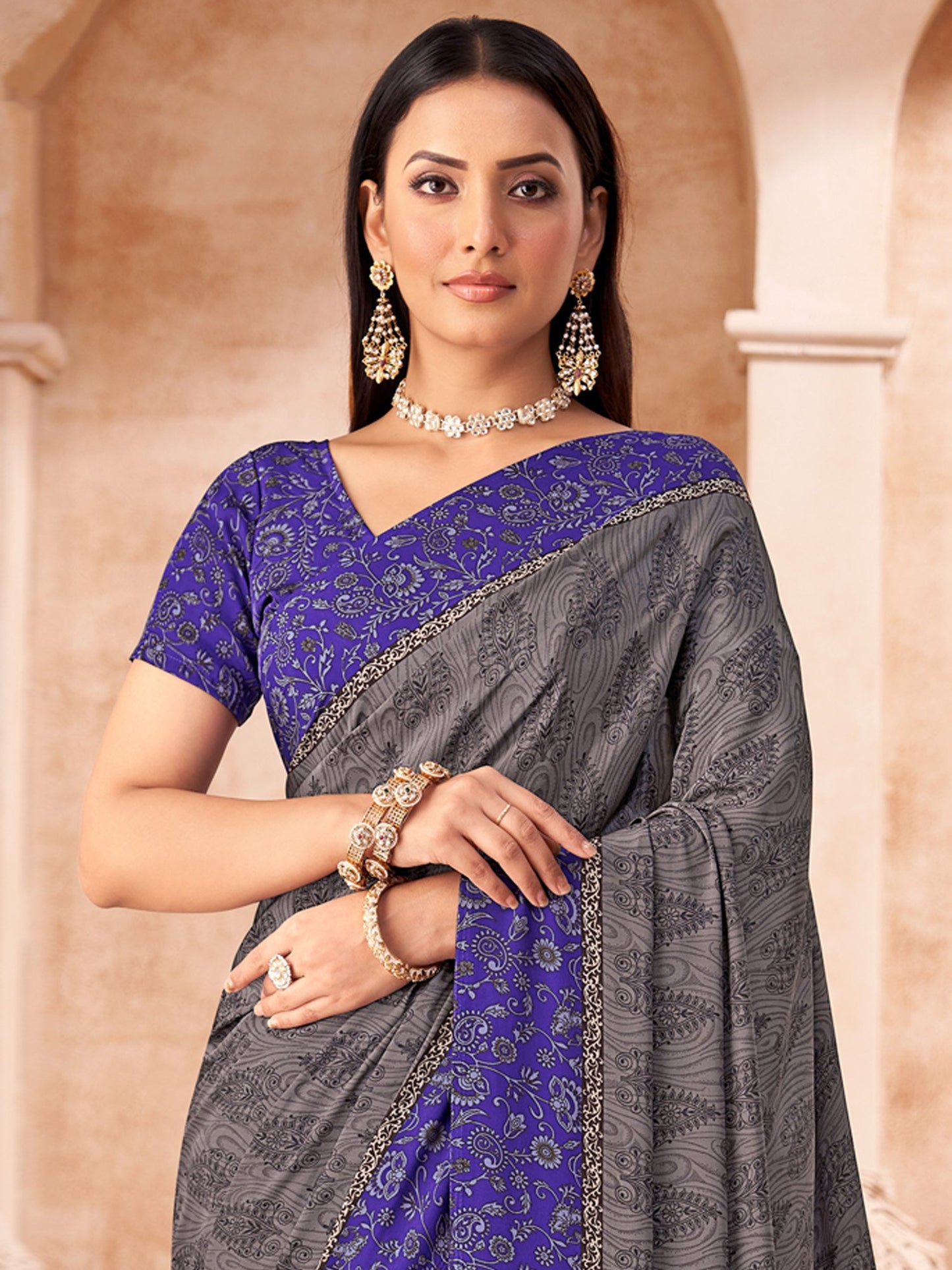 Grey Bagru Crepe Printed Saree