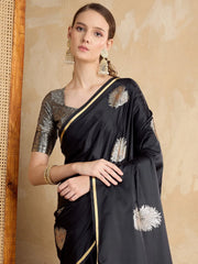Black Banarasi Satin Silk Woven Saree - The Dori Store