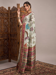 Grey Banarasi Viscose Silk Woven Saree - The Dori Store