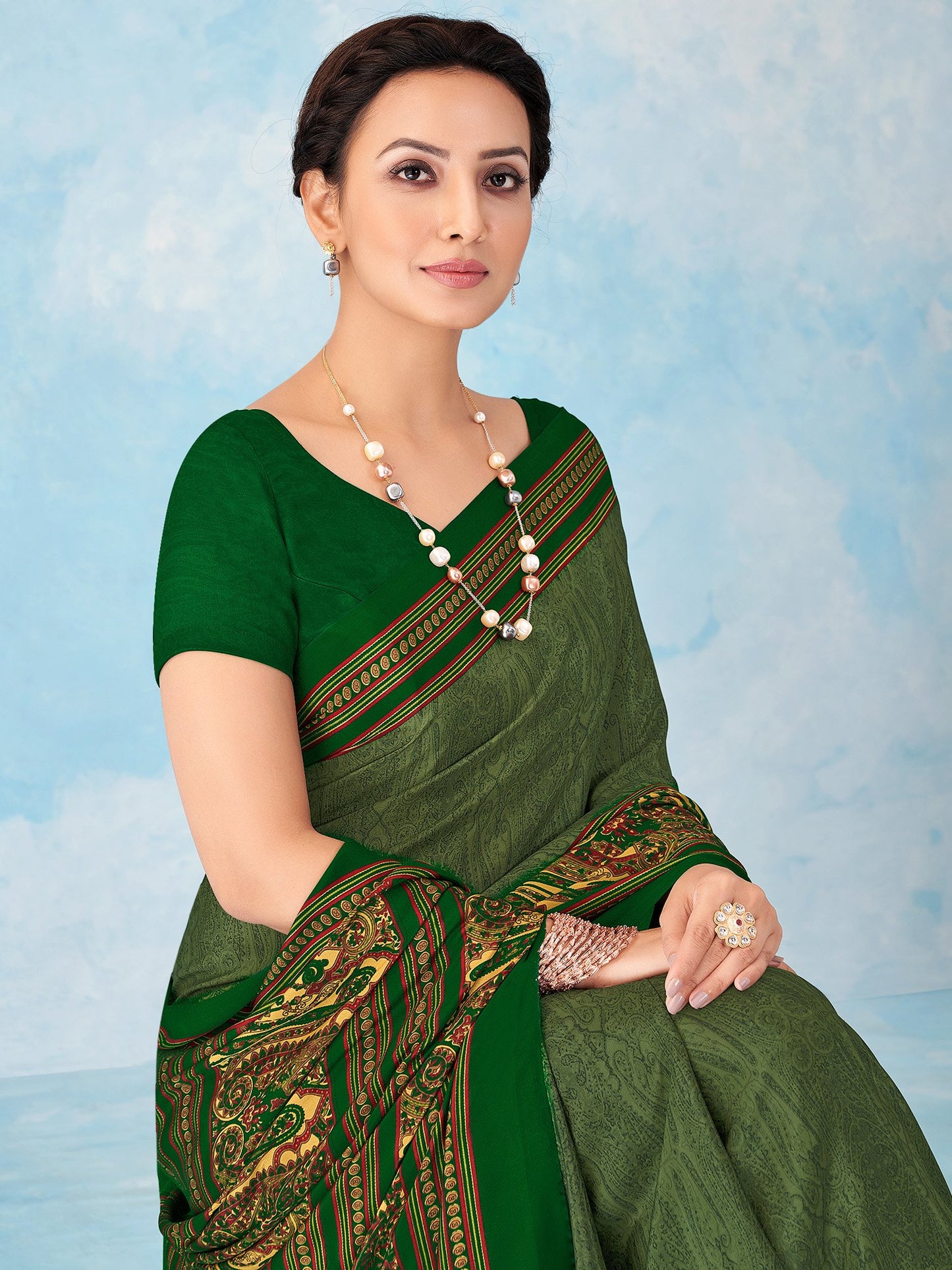 Green Green Bagru Crepe Printed Saree