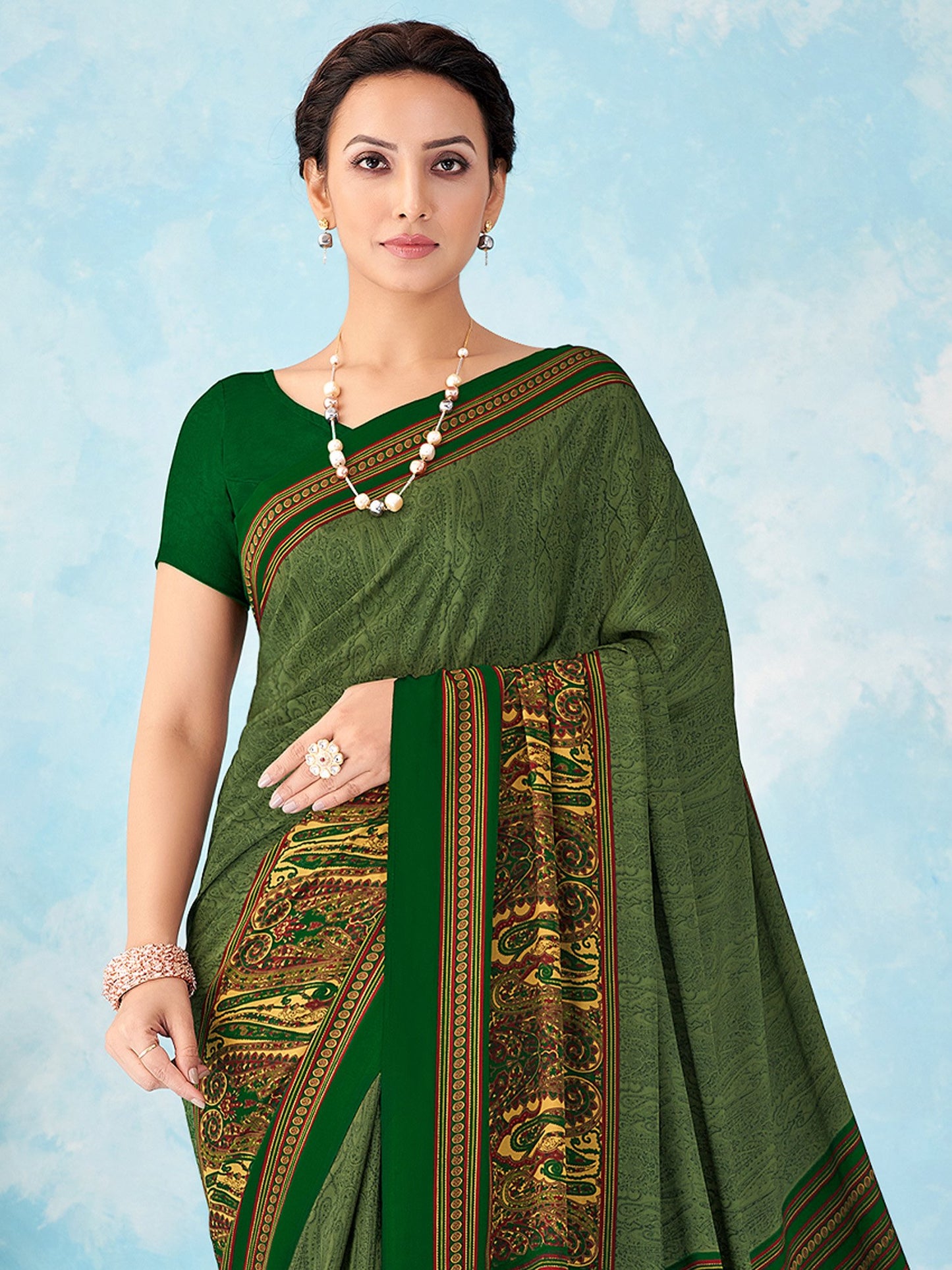 Green Bagru Crepe Printed Saree