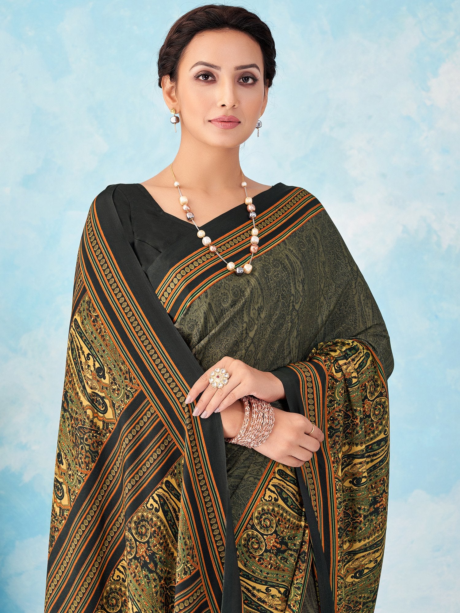 Black Black Bagru Crepe Printed Saree