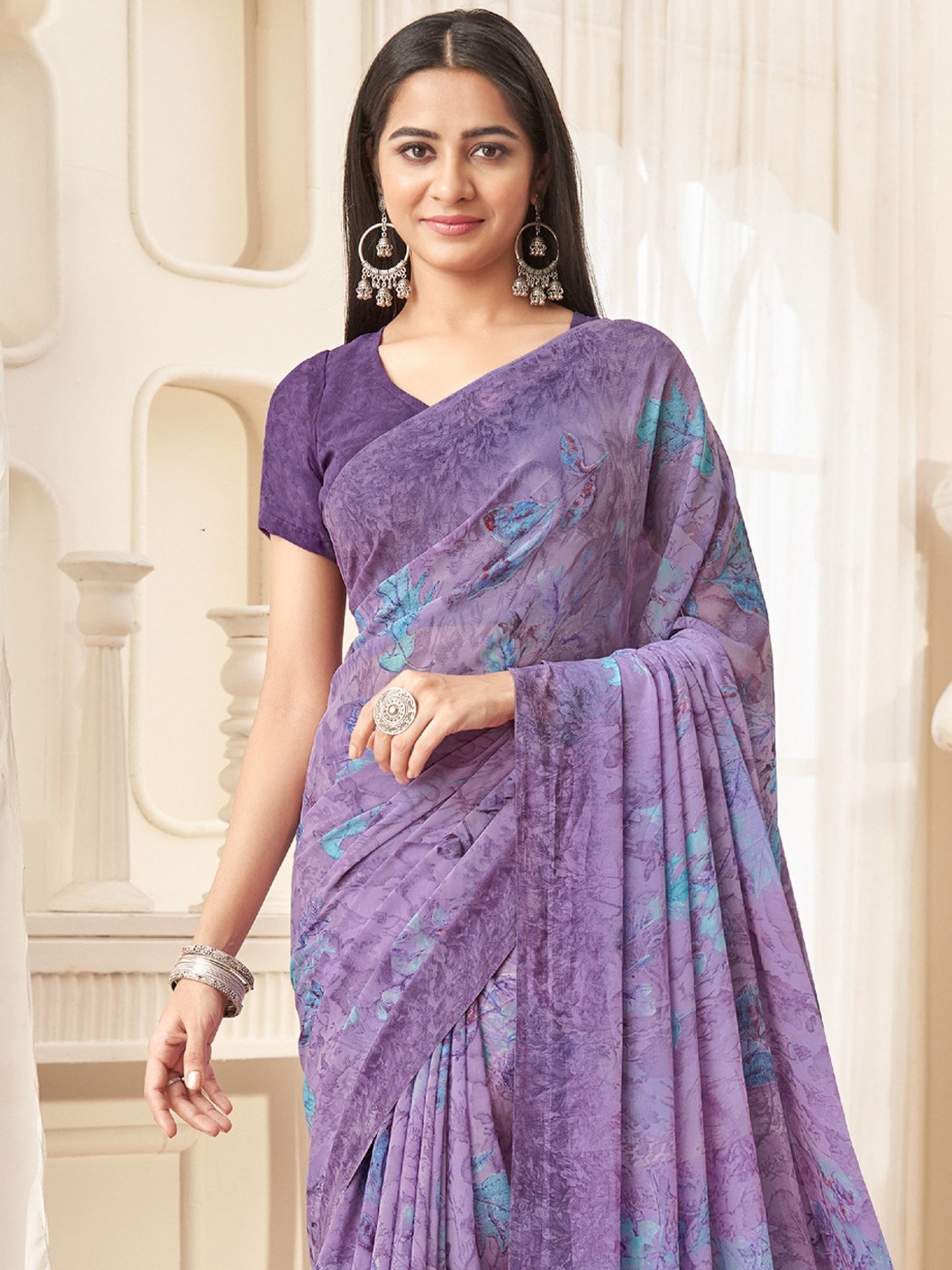 Violet Bagru Georgette Printed Saree