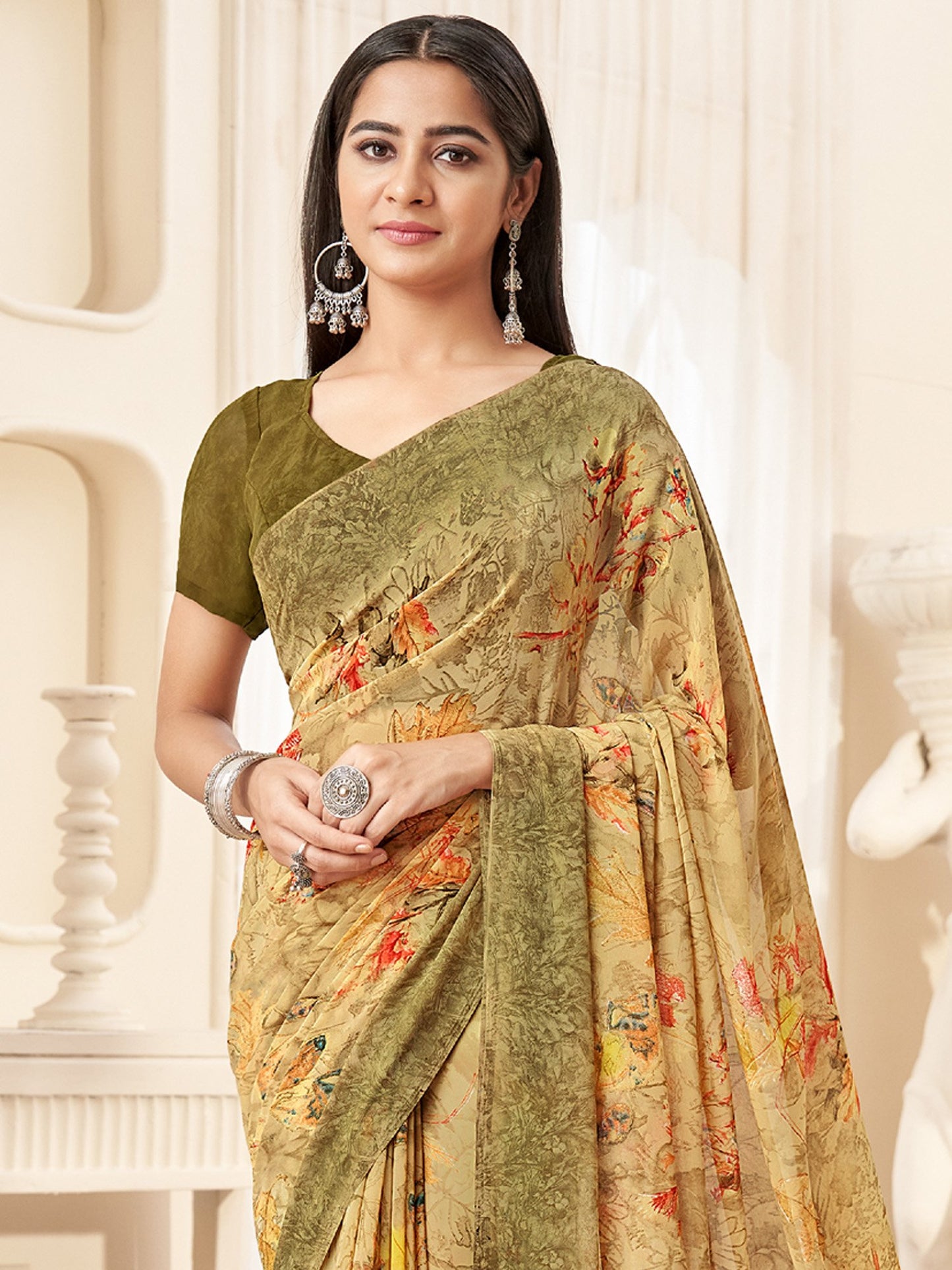 Yellow Bagru Georgette Printed Saree
