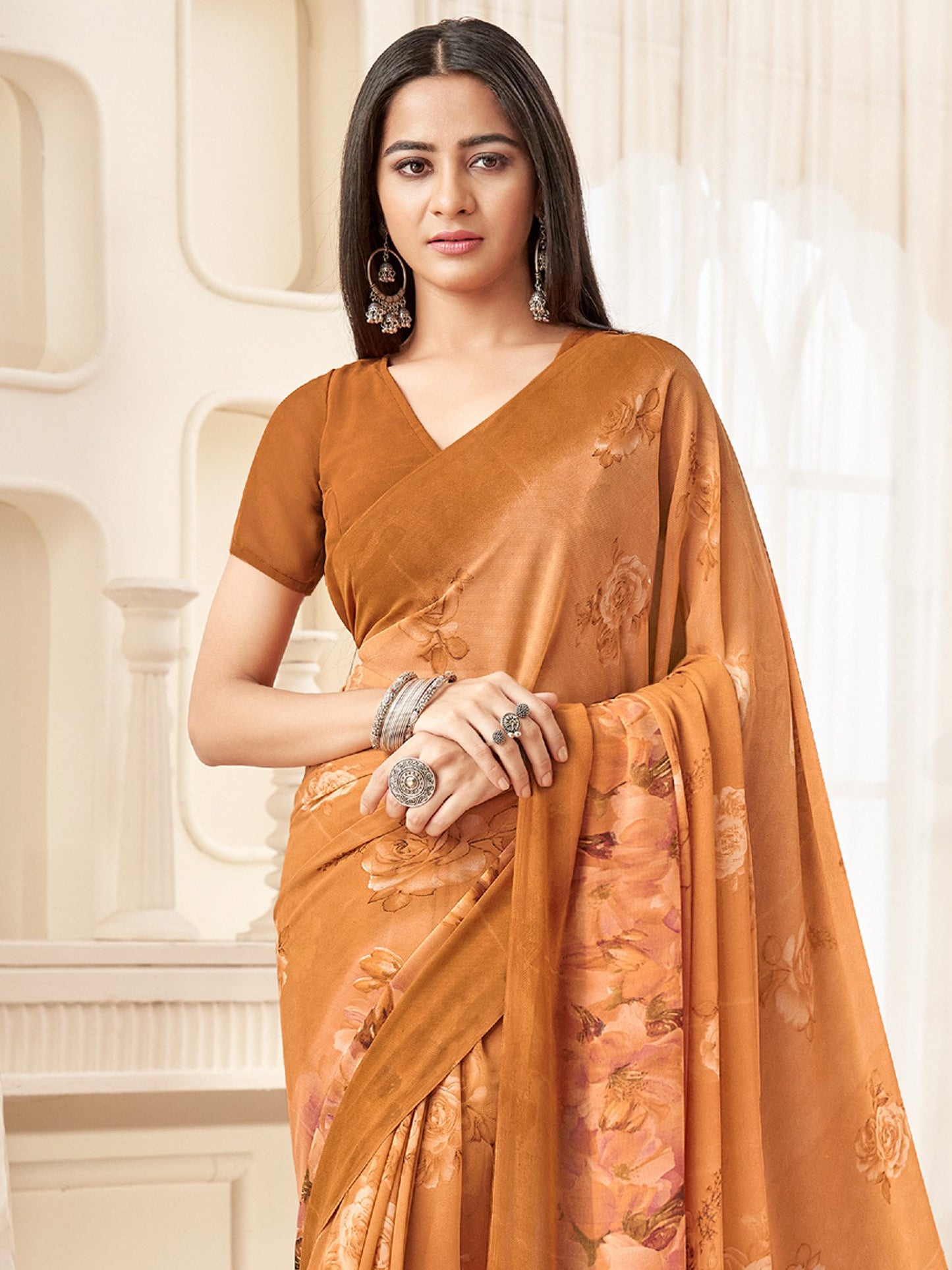 Camel Bagru Georgette Printed Saree