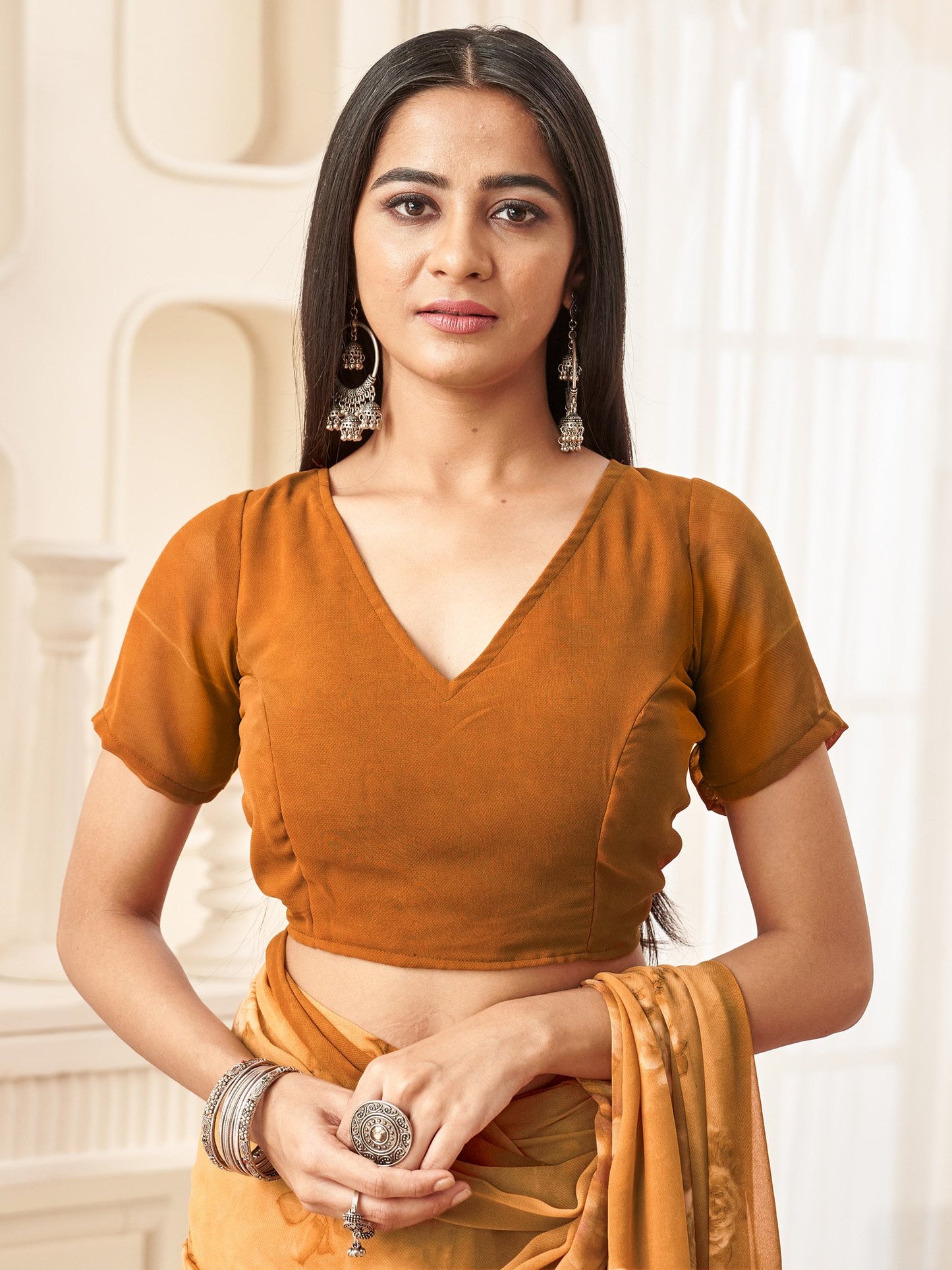 Camel Bagru Georgette Printed Saree