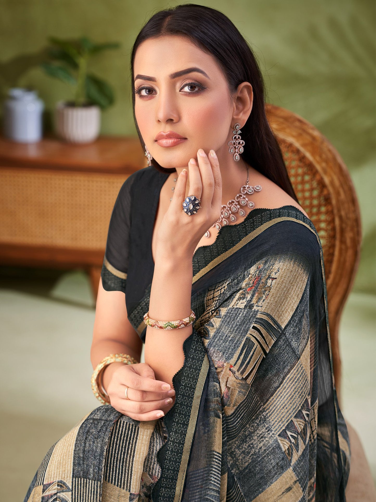 Grey Charcoal Party Wear Chiffon Printed Saree