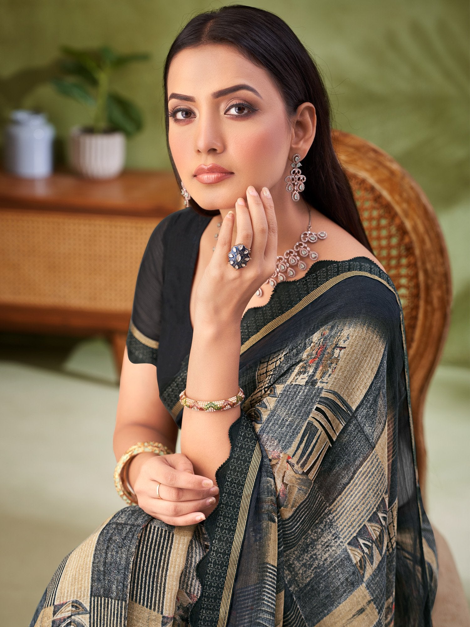Grey Charcoal Party Wear Chiffon Printed Saree