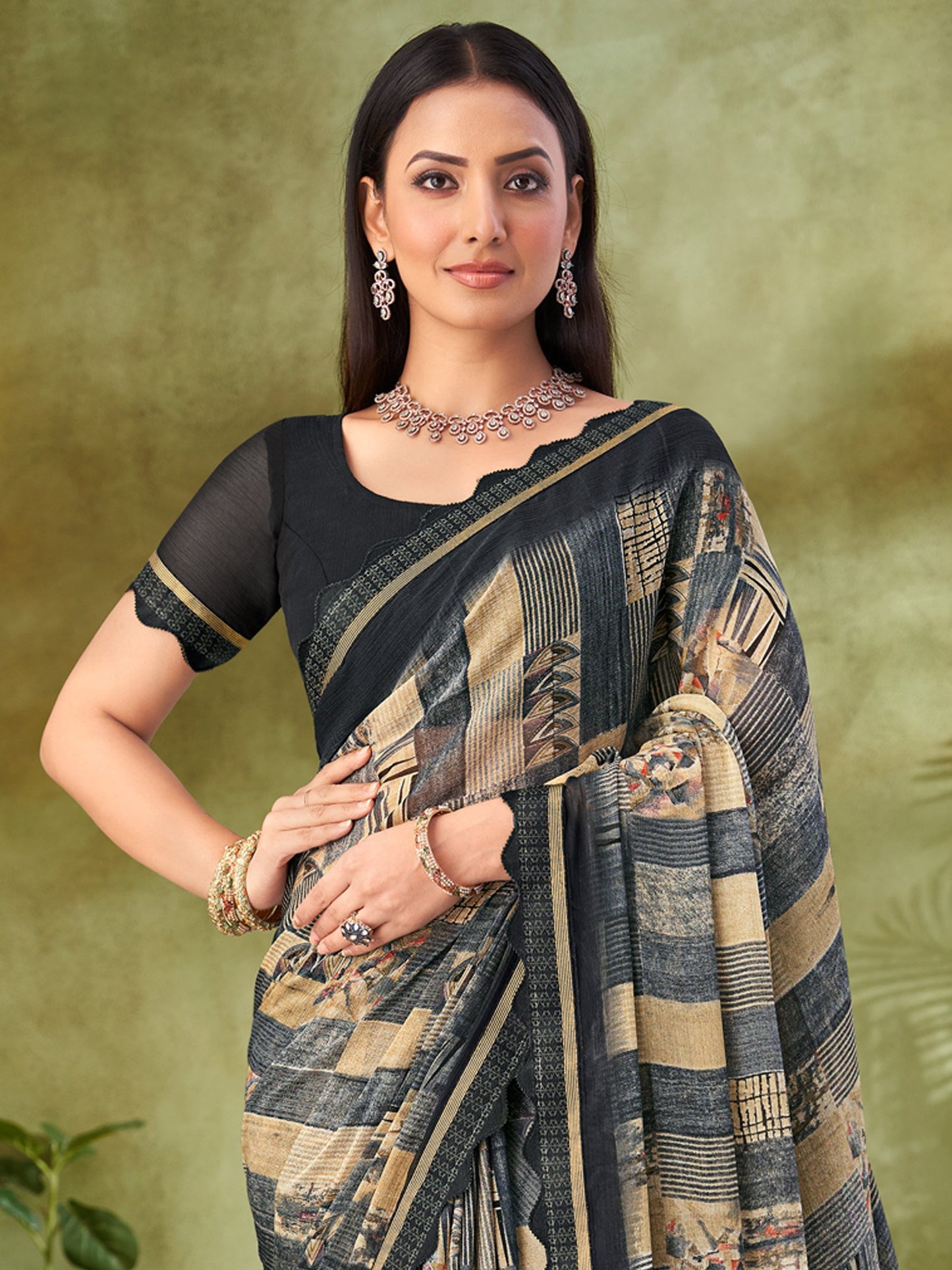 Charcoal Party Wear Chiffon Printed Saree