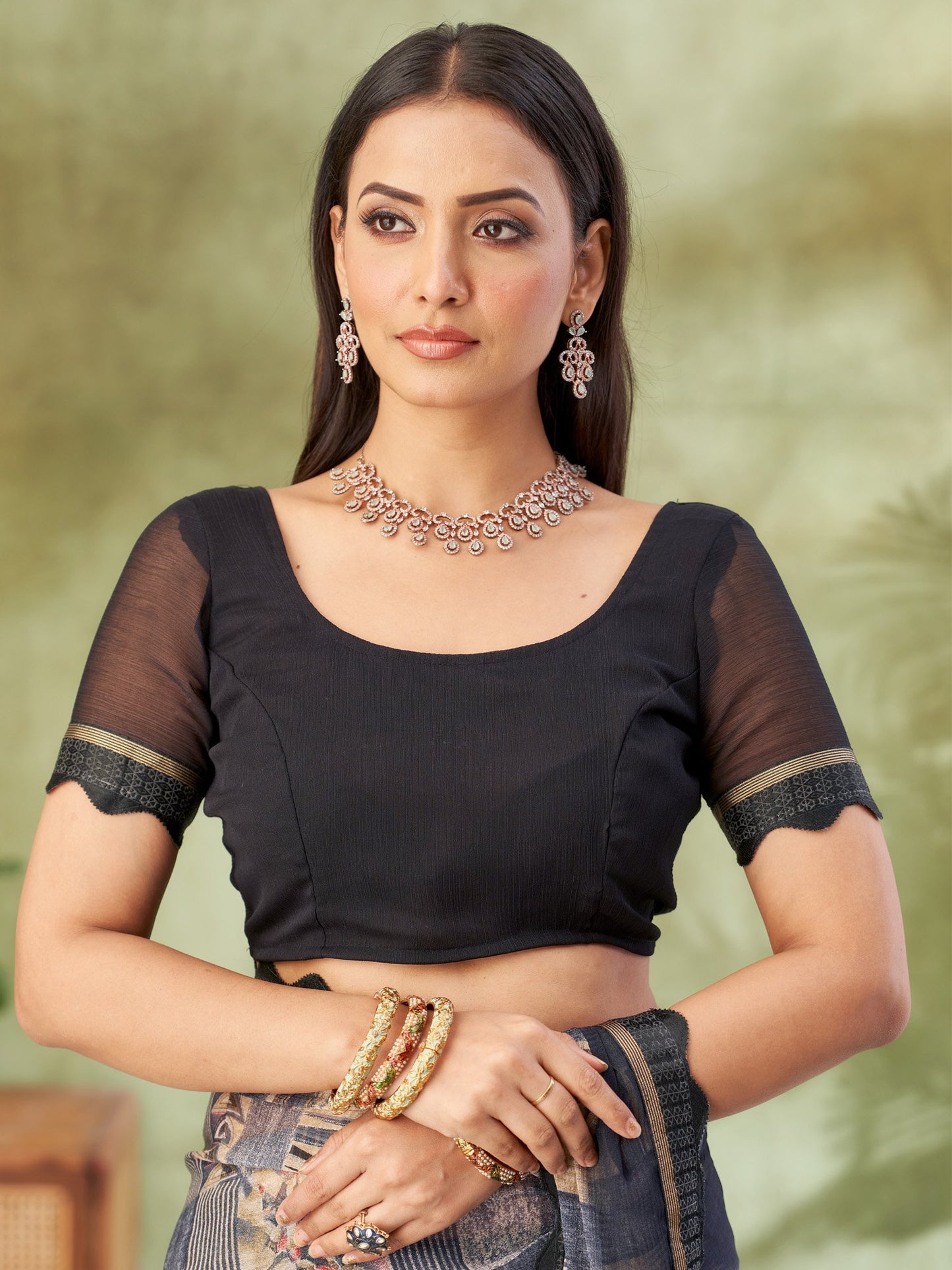 Charcoal Party Wear Chiffon Printed Saree