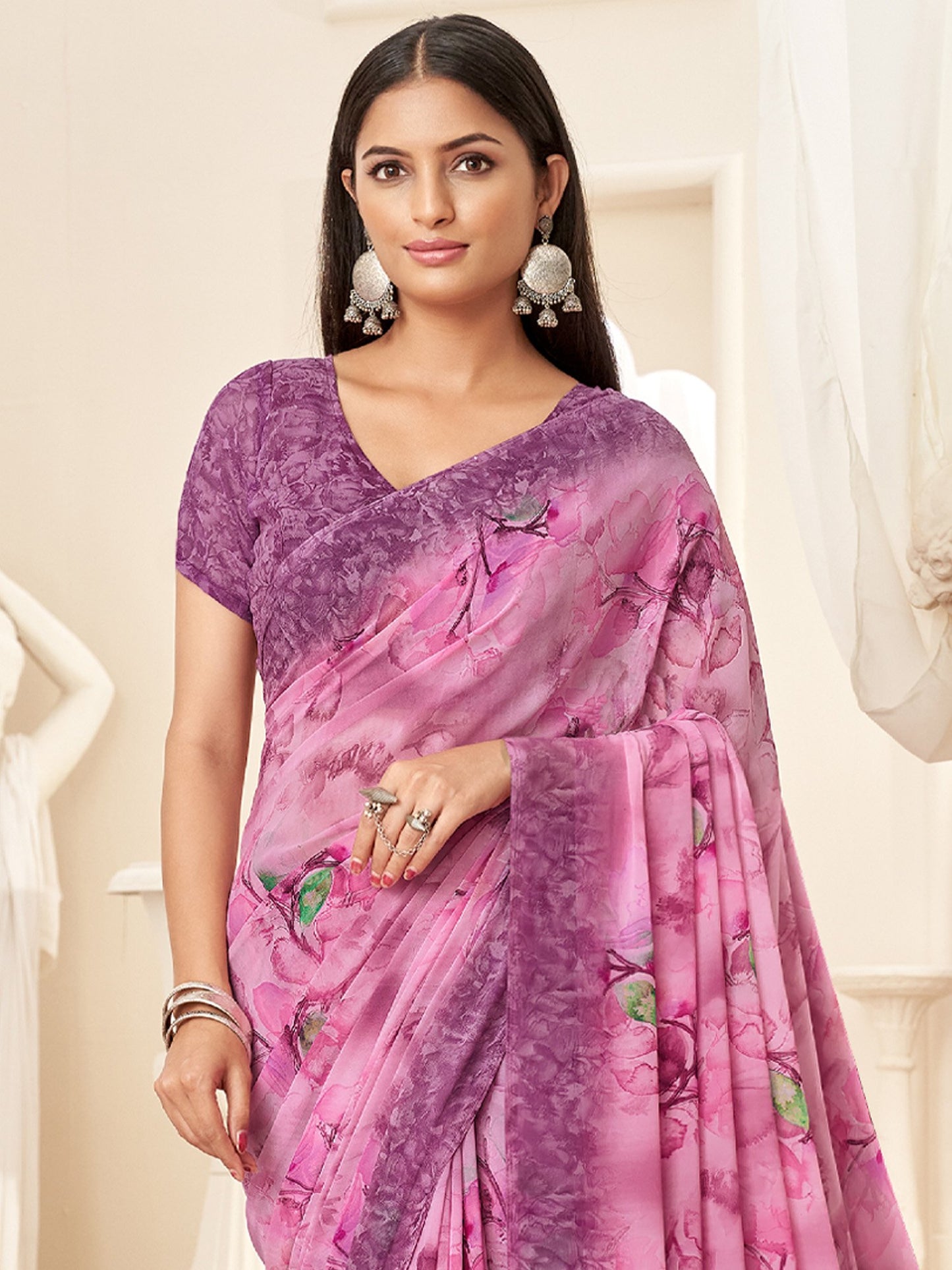 Pink Bagru Georgette Printed Saree