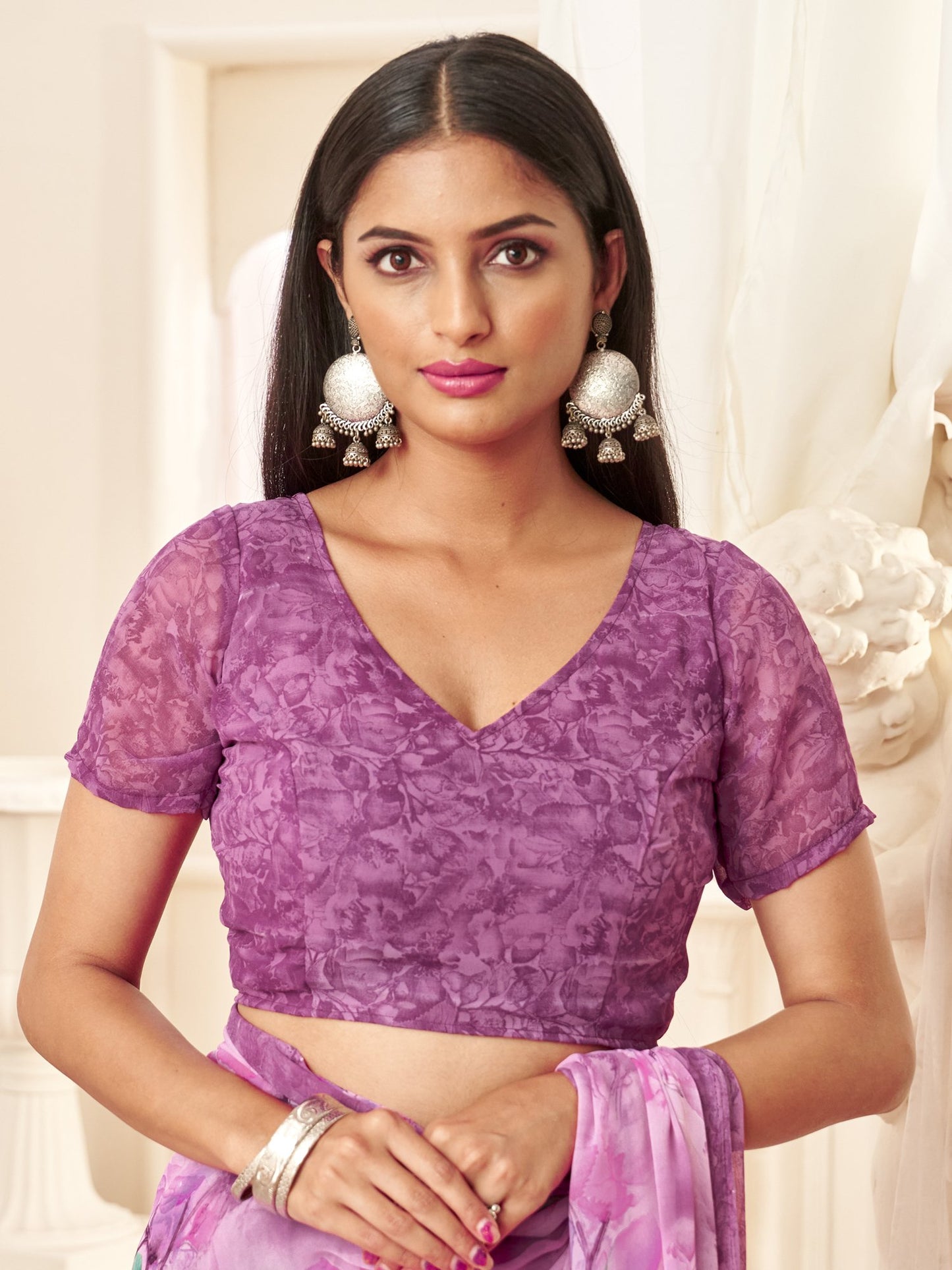 Pink Bagru Georgette Printed Saree