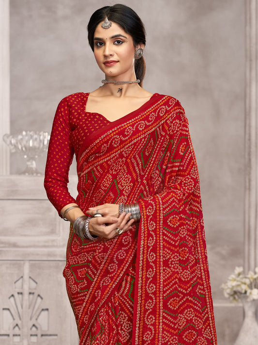 Red Red Bandhani Chiffon Printed Saree