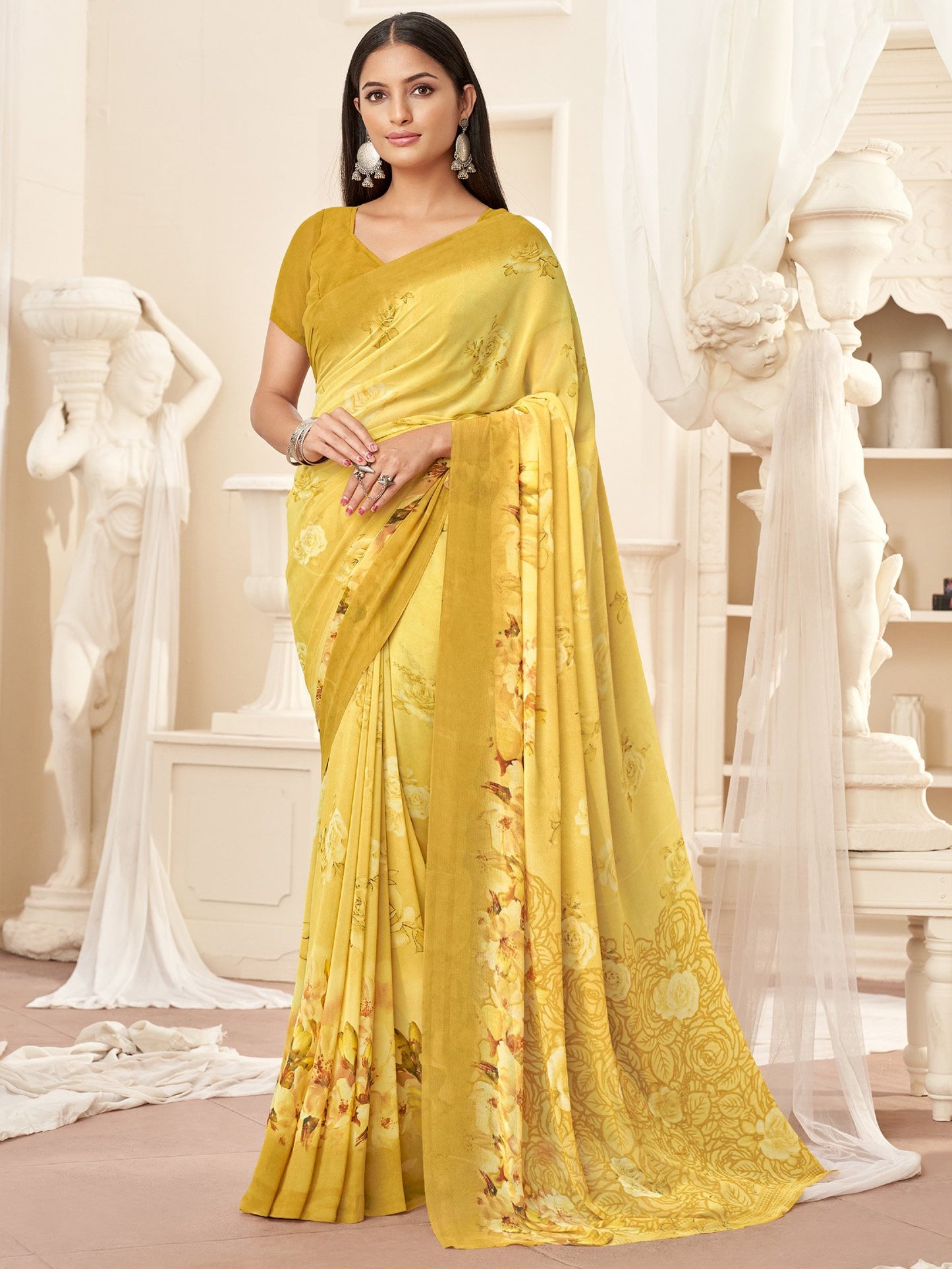 Yellow Bagru Georgette Printed Saree