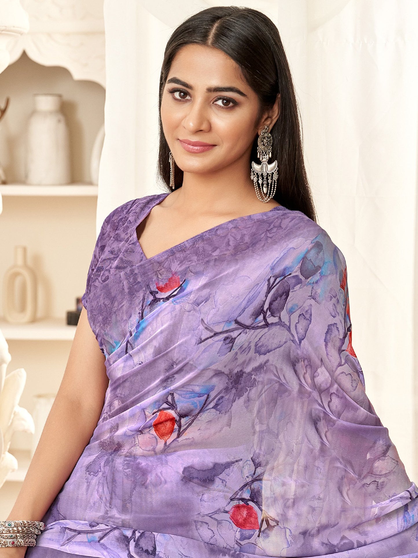 Lavendar Bagru Georgette Printed Saree