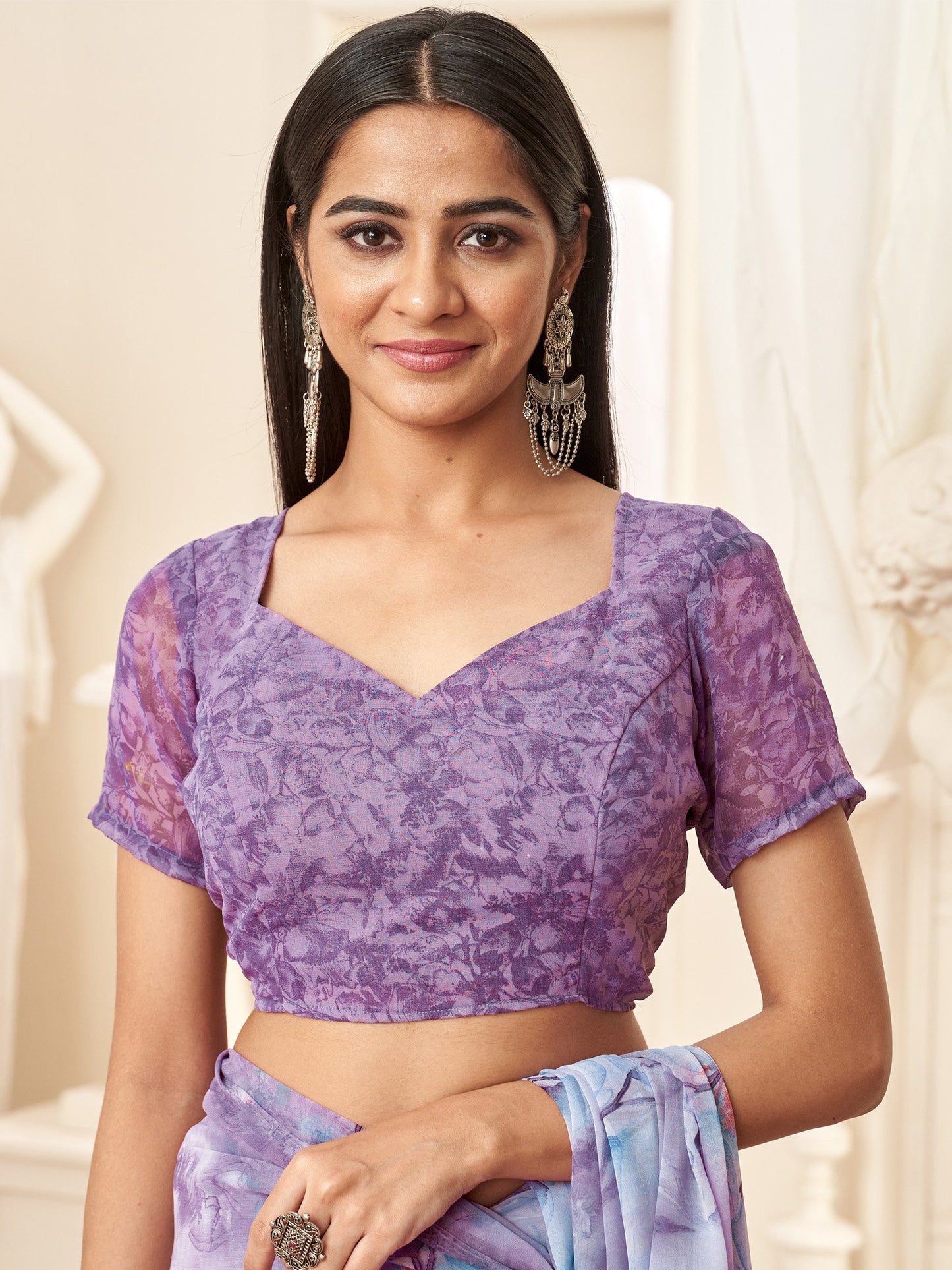 Lavendar Bagru Georgette Printed Saree