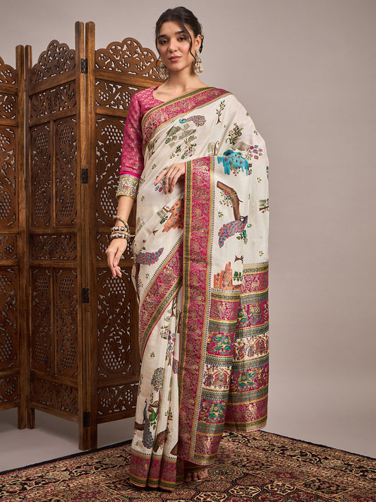 Cream Cream Banarasi Viscose Silk Woven Saree