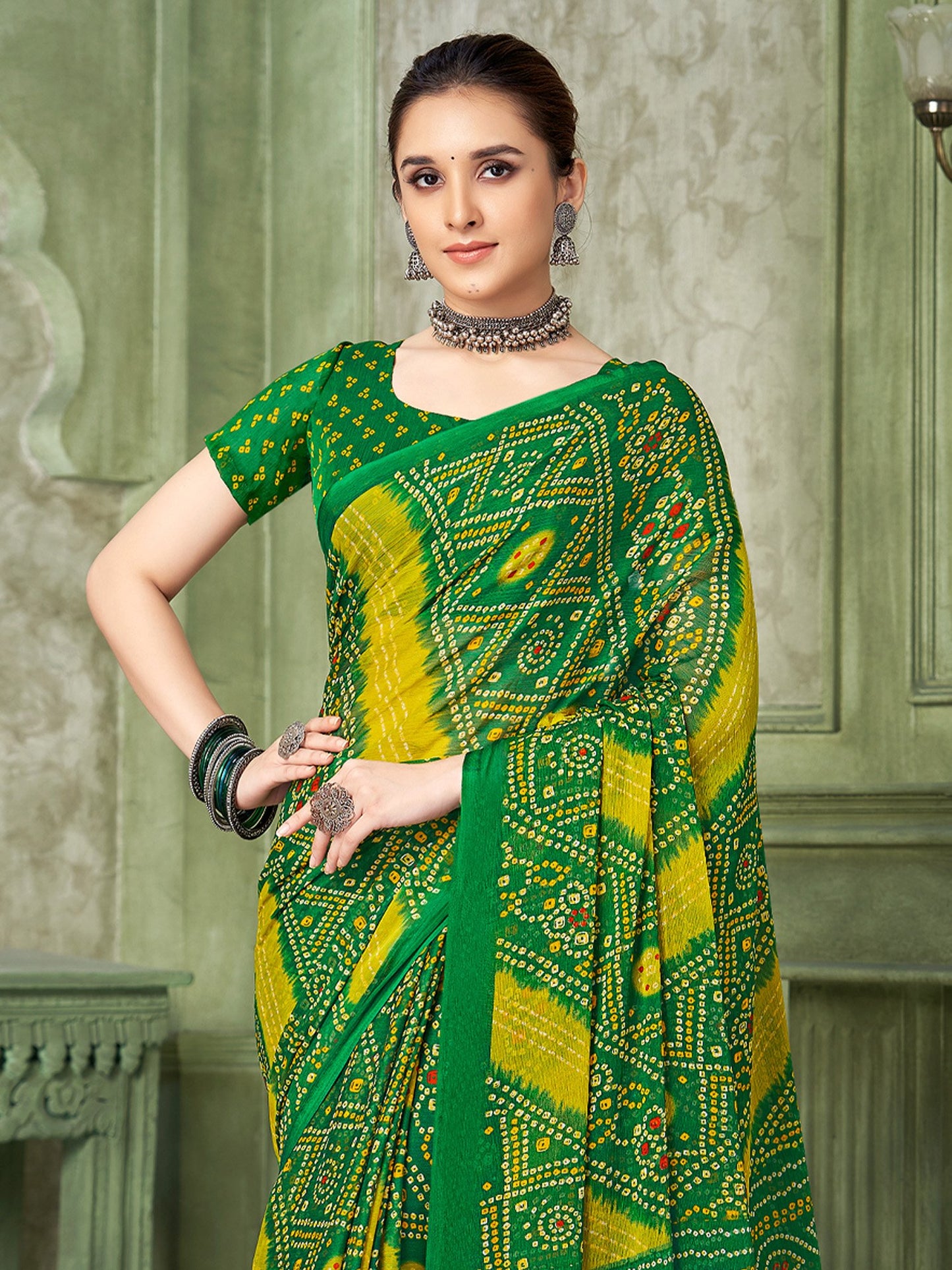 Green Bandhani Chiffon Printed Saree