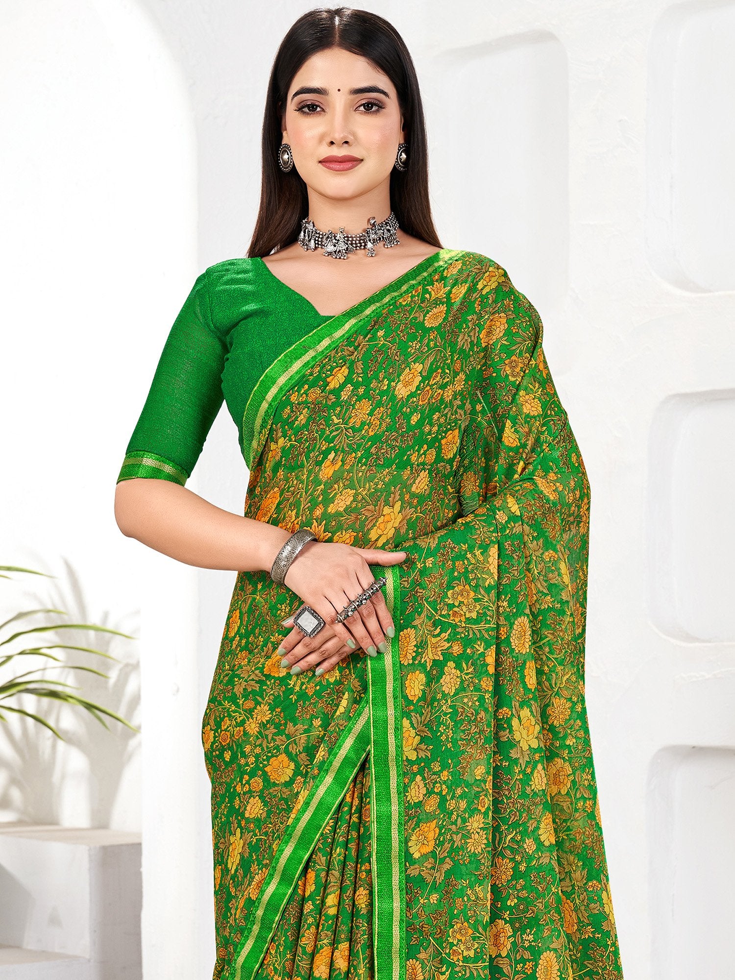 Green Green Party Wear Chiffon Printed Saree