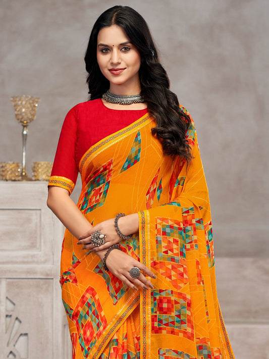 Yellow Yellow Party Wear Chiffon Printed Saree
