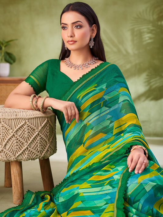 Green Green Party Wear Chiffon Printed Saree