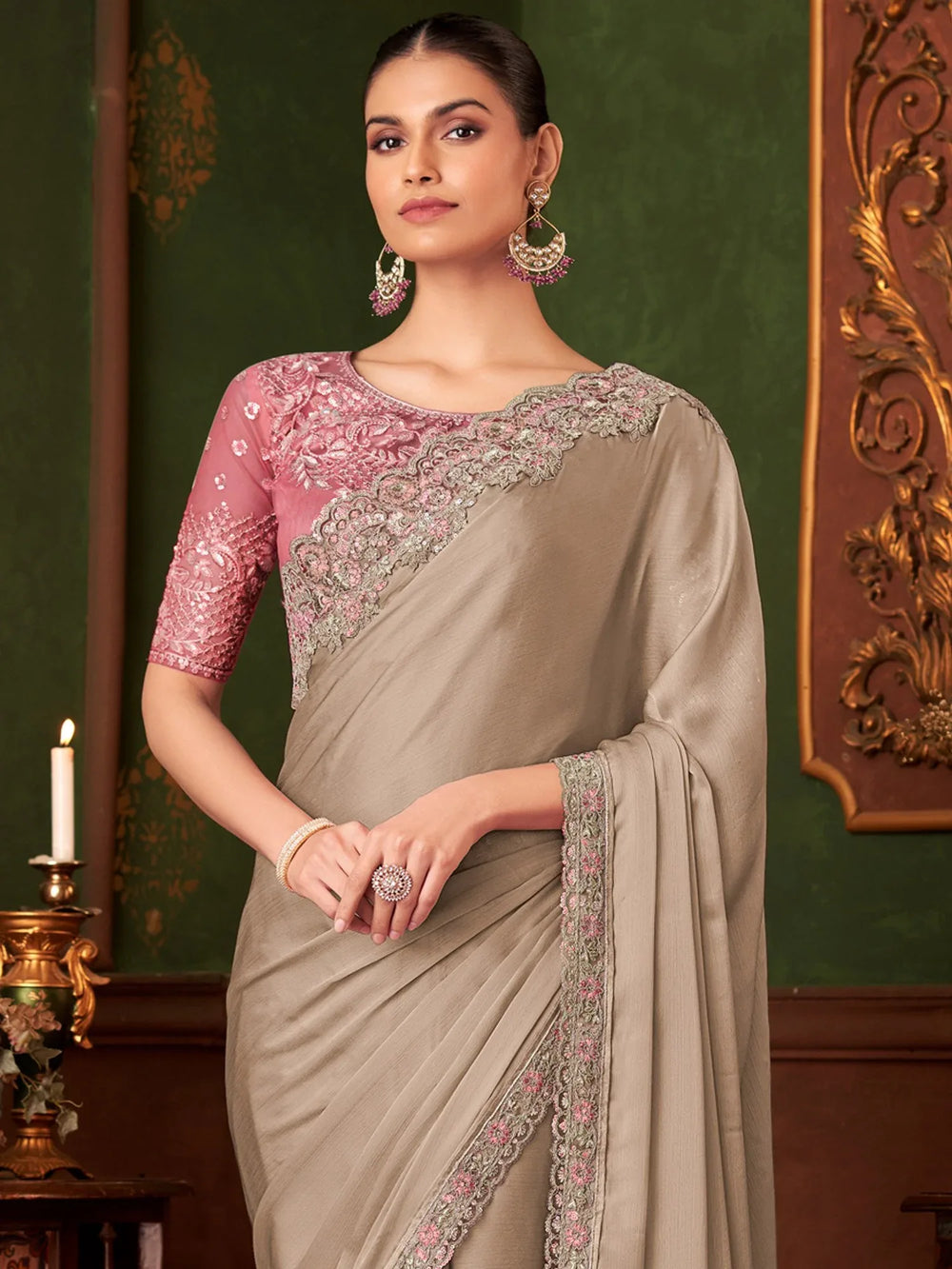 Beige Party Wear Chiffon Embellished Saree - The Dori Store