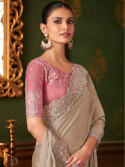 Beige Party Wear Chiffon Embellished Saree - The Dori Store