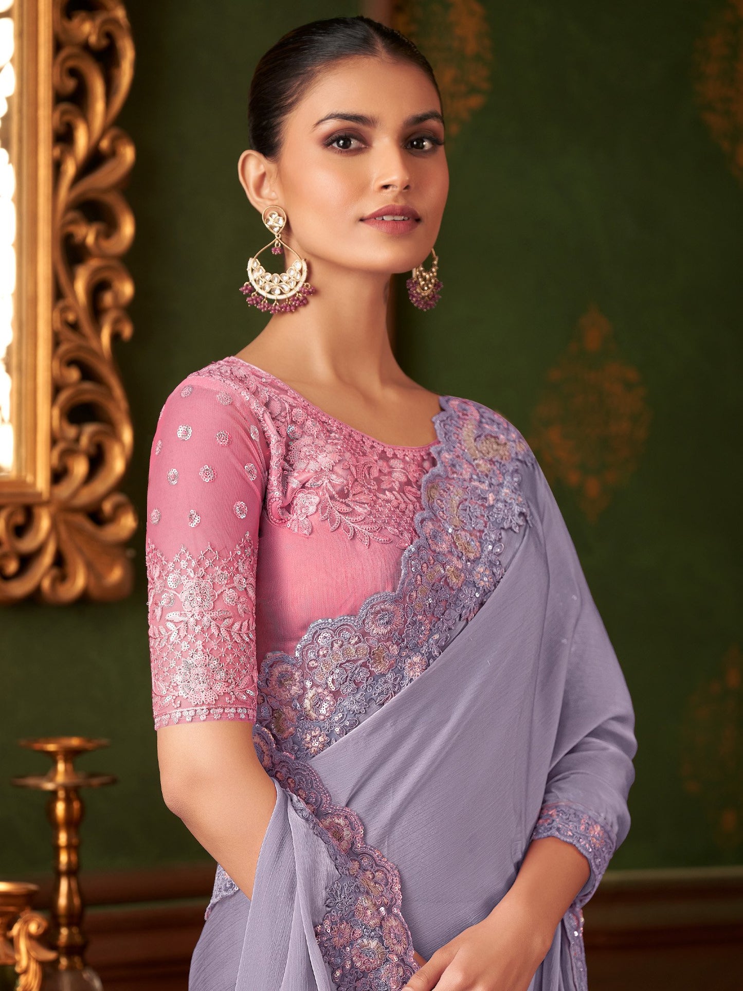 Lavendar Party Wear Chiffon Embellished Saree