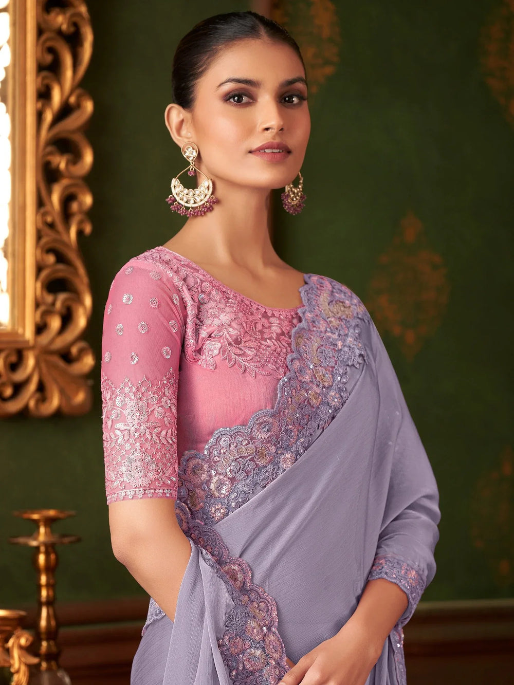 Lavendar Party Wear Chiffon Embellished Saree - The Dori Store