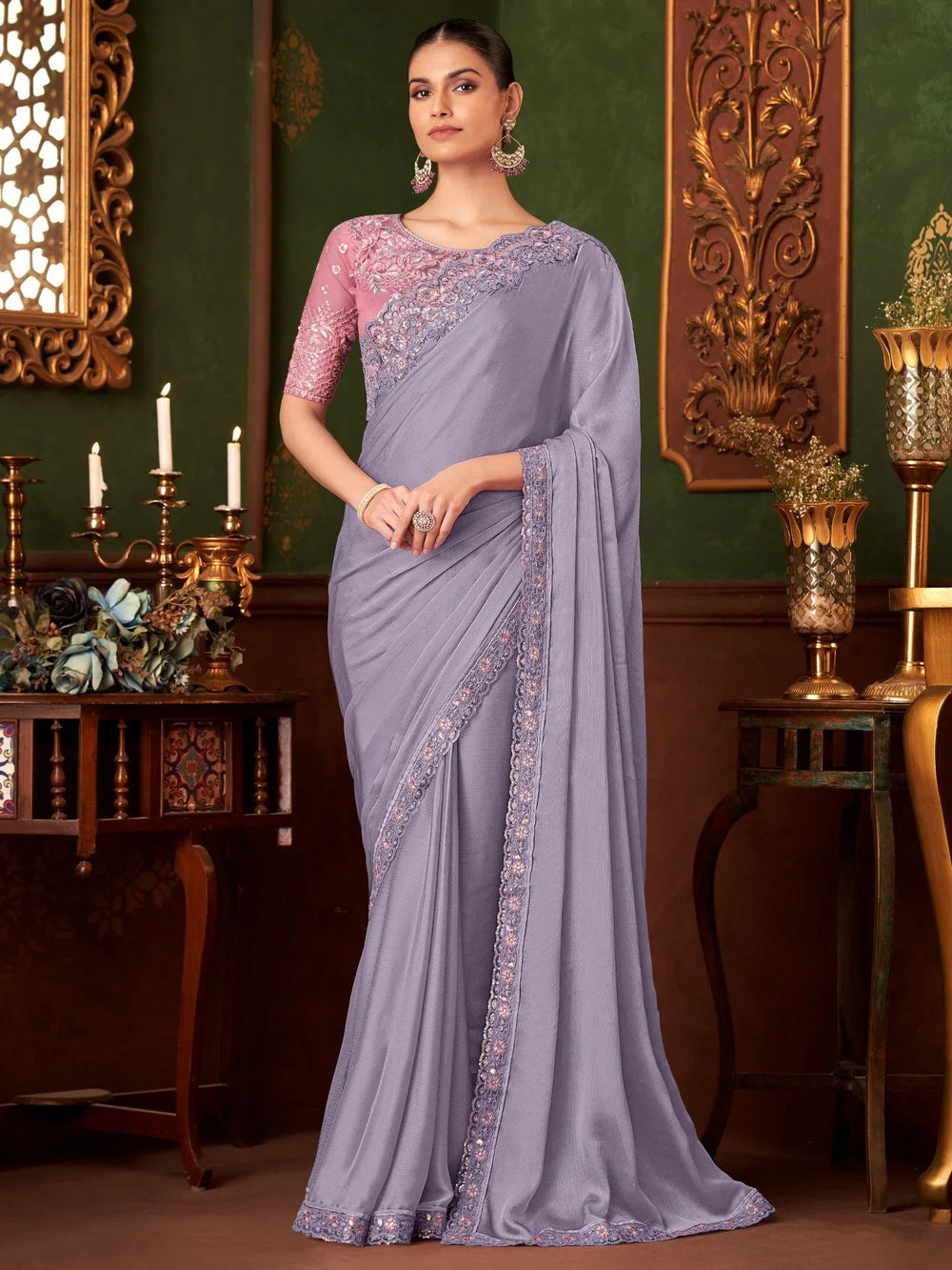 Lavendar Party Wear Chiffon Embellished Saree - The Dori Store