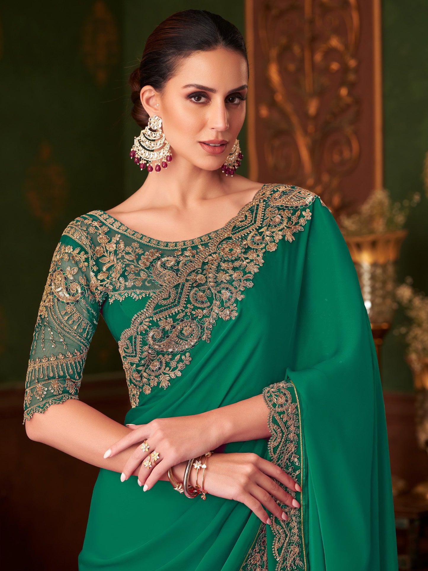 Sea Party Wear Satin Silk Embellished Saree