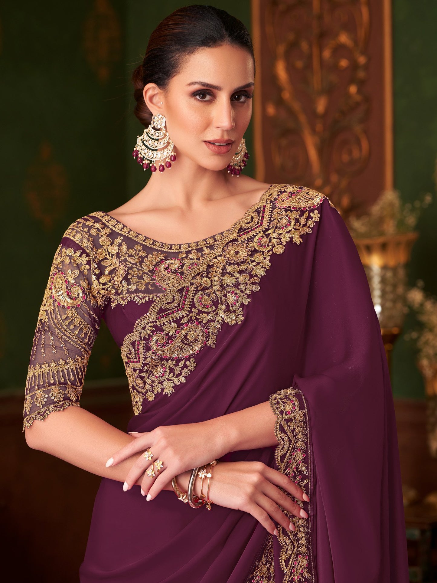 Burgundy Party Wear Satin Silk Embellished Saree