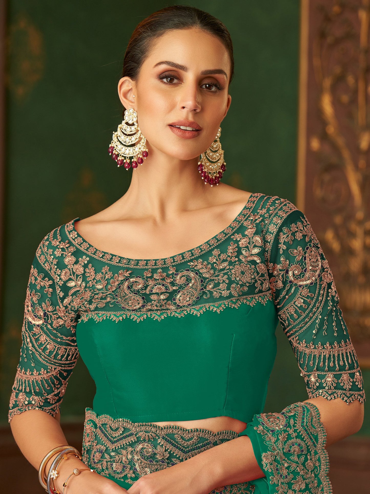 Sea Party Wear Satin Silk Embellished Saree