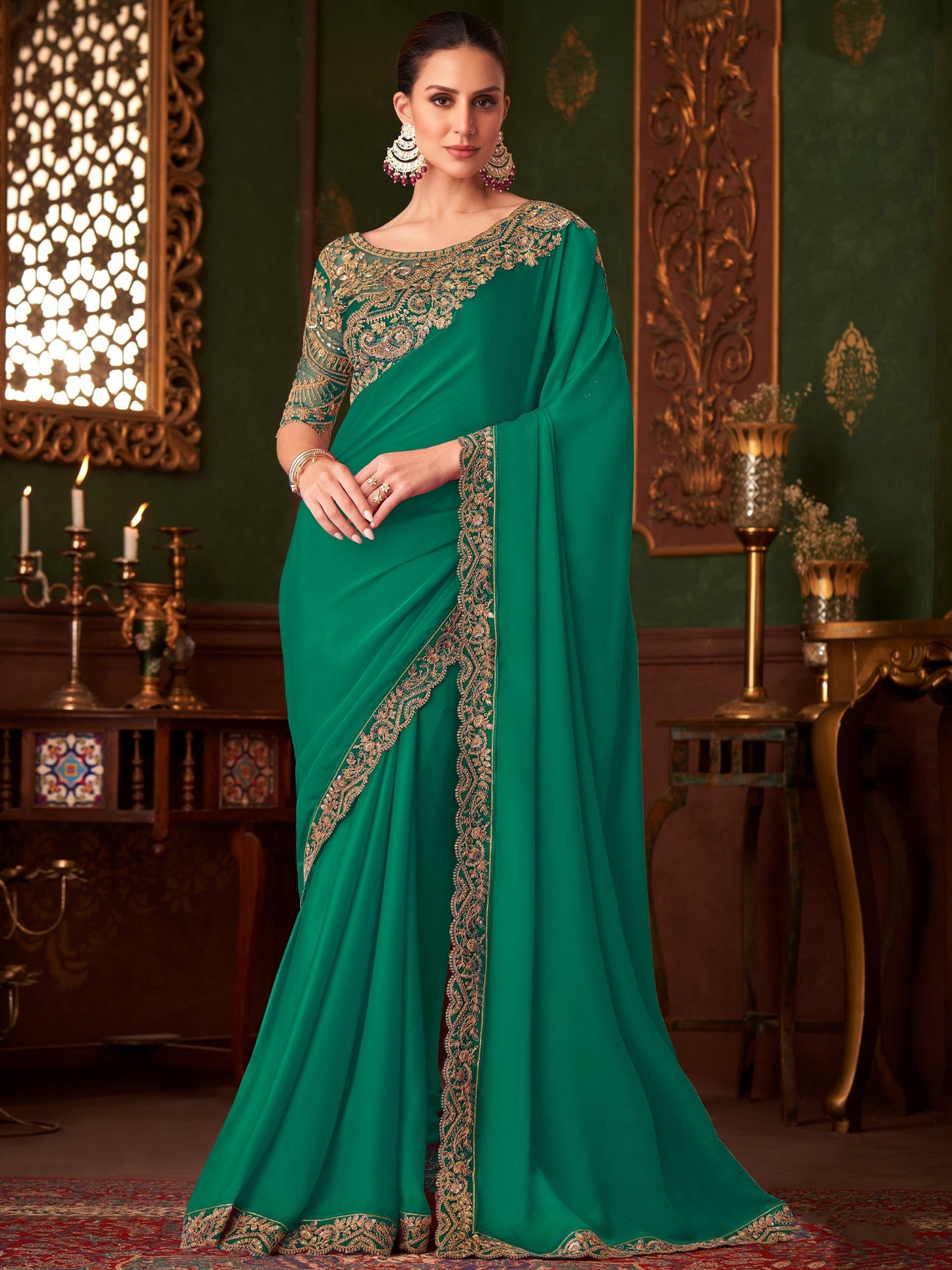 Green Sea Party Wear Satin Silk Embellished Saree